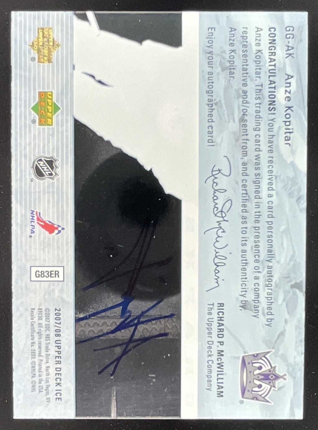 2007-08 Upper Deck Ice Glacial Graphs #GG-AK Anze Kopitar Autograph Auto product image 2, provided for visual reference and