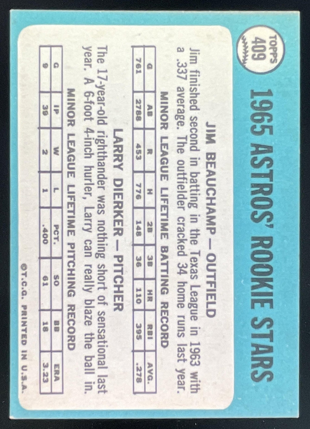 1965 Topps #409 Astros 1965 Rookie Stars Jim Beauchamp Larry Dierker RS, RC product image 2, provided for visual reference