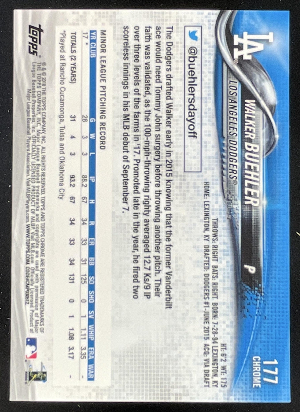 2018 Topps Chrome Sapphire #177 Walker Buehler RC product image 2, provided for visual reference and product detail review
