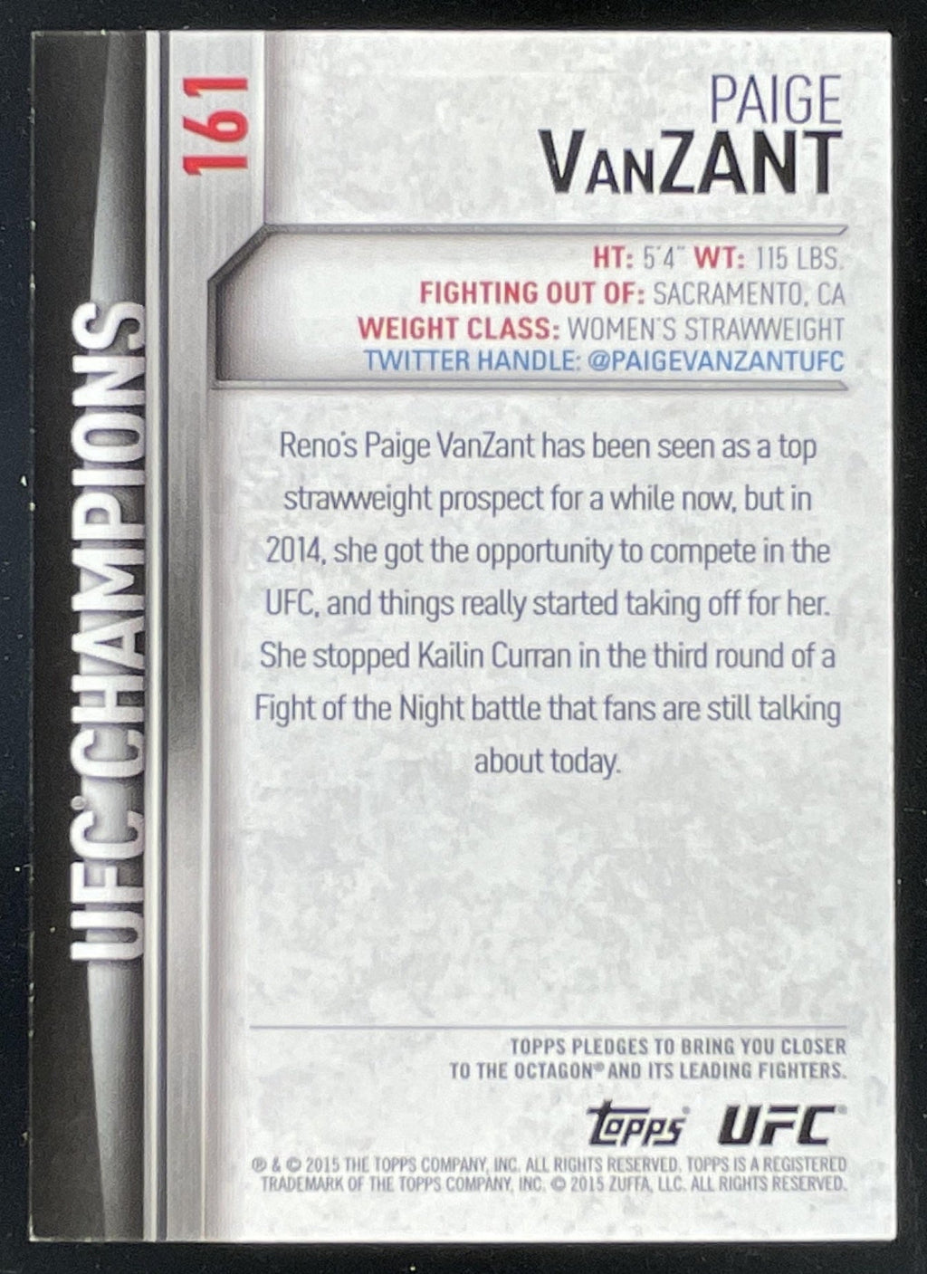 2015 Topps UFC Champions Black #161 Paige VanZant /188 product image 2, provided for visual reference and product detail