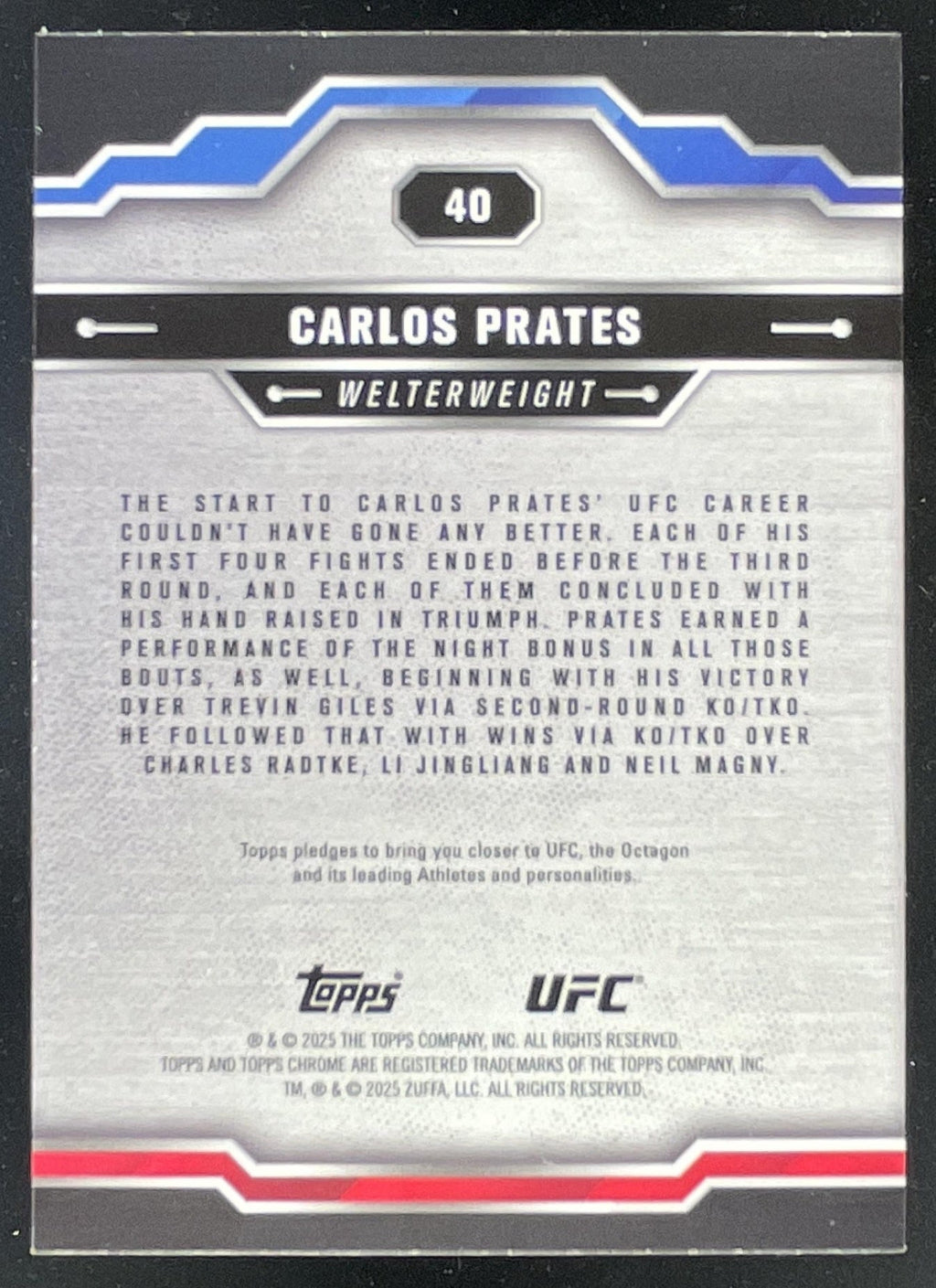 2025 Topps UFC Chrome Red, White & Blue Refractor #40 Carlos Prates RC /88 product image 2, provided for visual reference