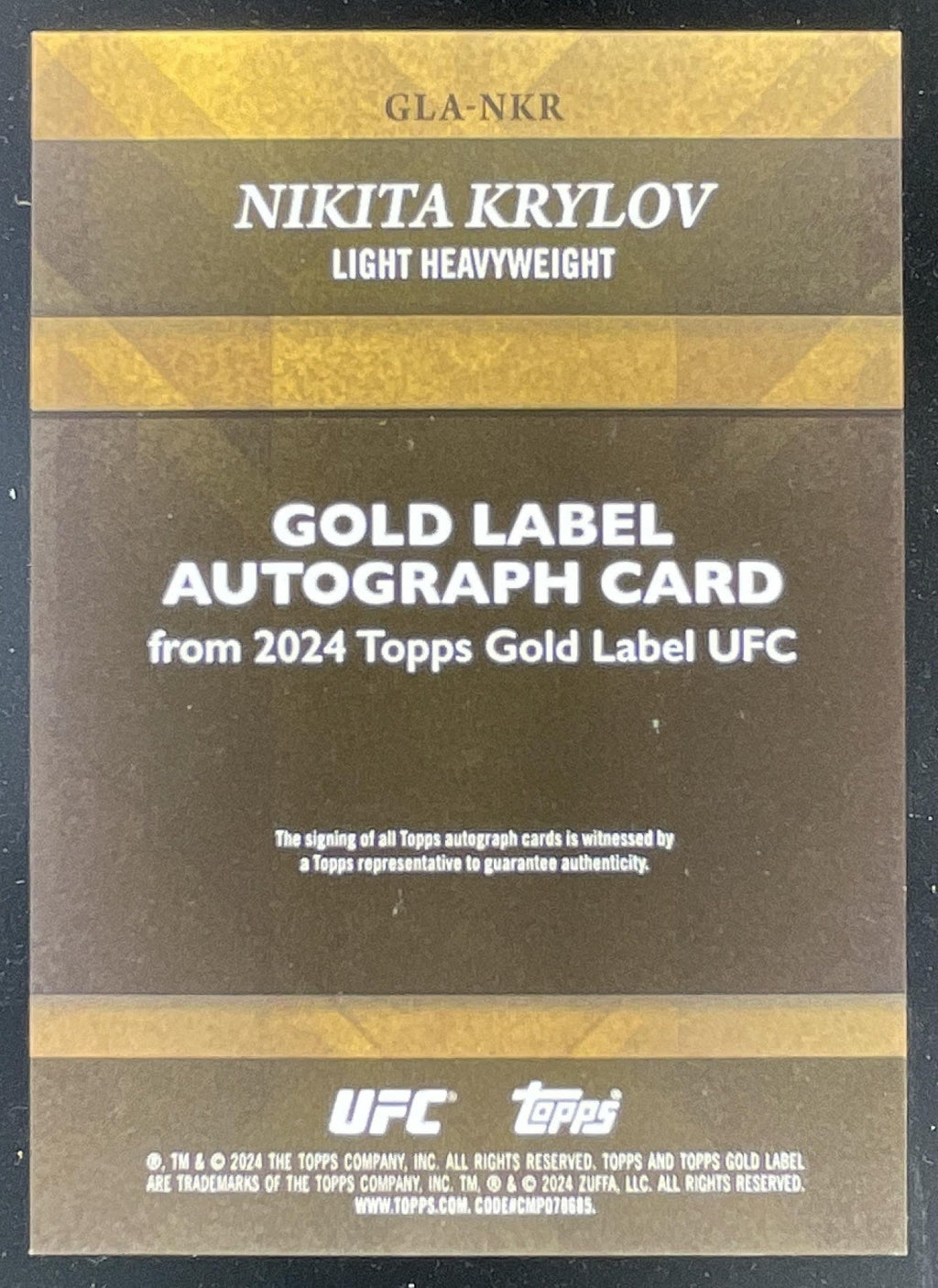 2024 Topps Gold Label UFC Gold Label Black #GLA-NKR Nikita Krylov Auto /10 product image 2, provided for visual reference