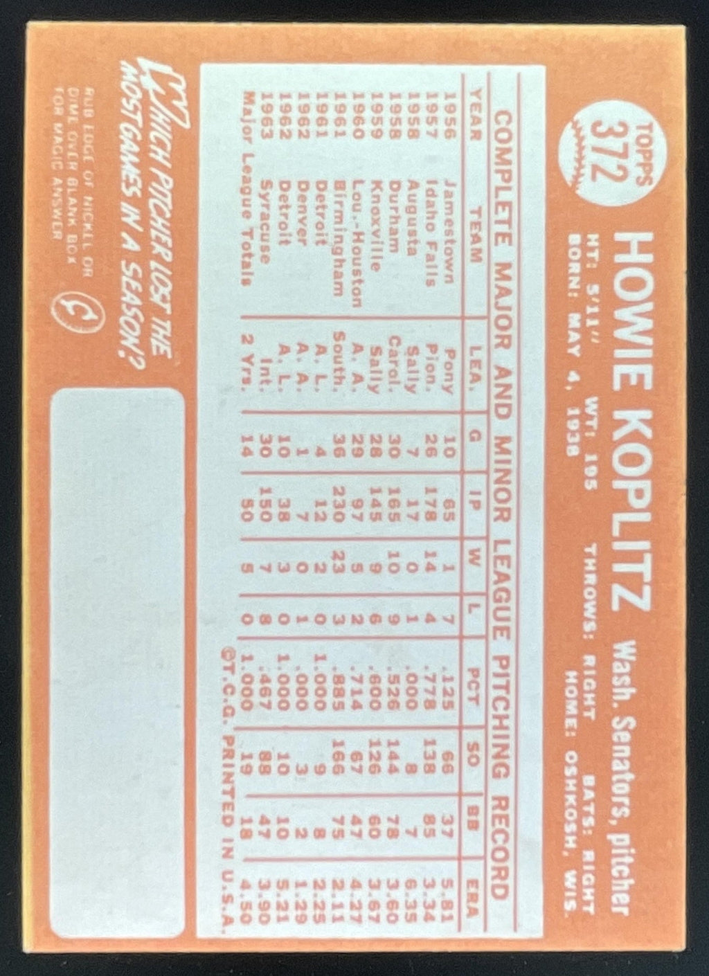 1964 Topps #372 Howie Koplitz product image 2, provided for visual reference and product detail review