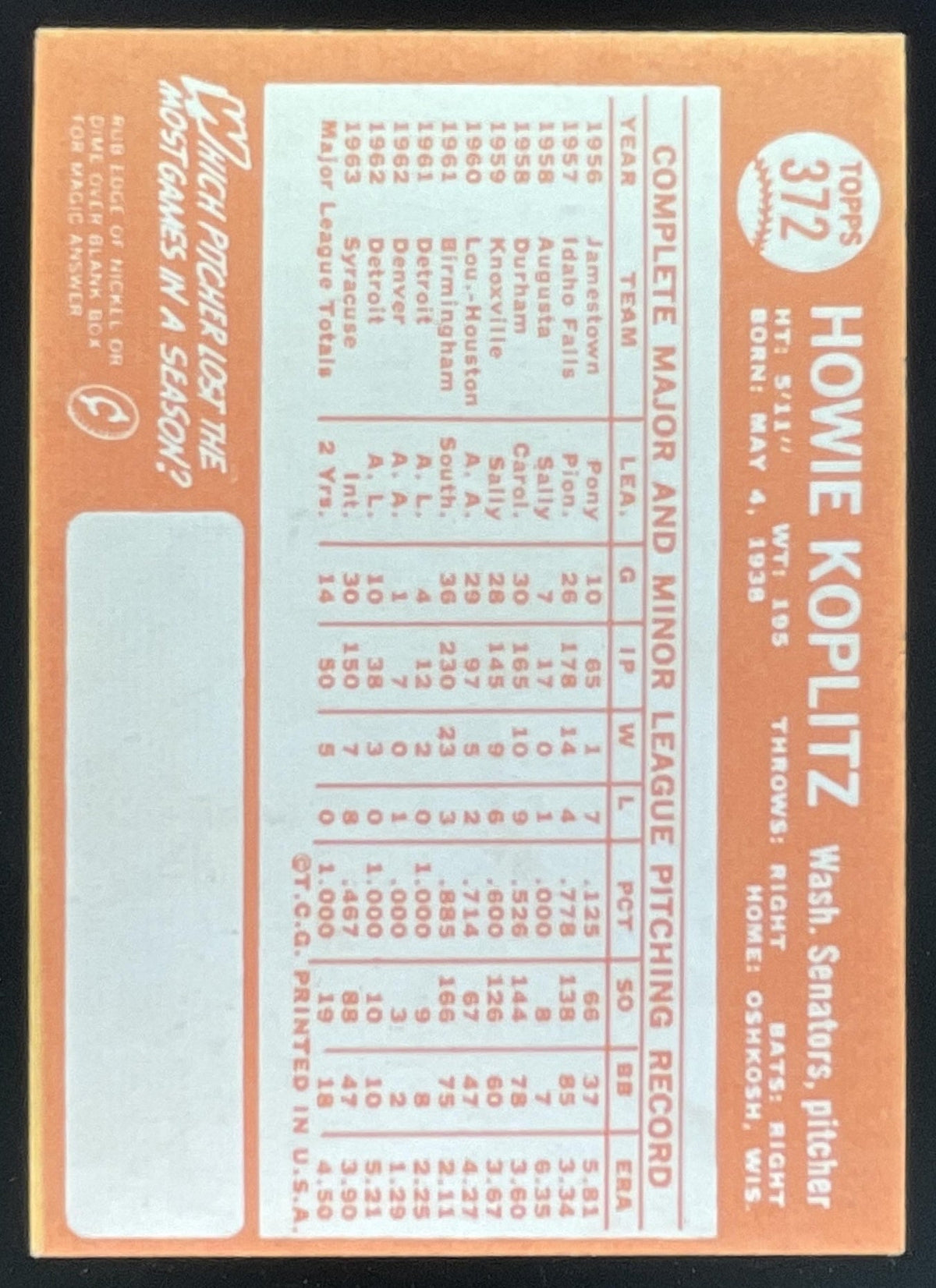 1964 Topps #372 Howie Koplitz product image 2, provided for visual reference and product detail review