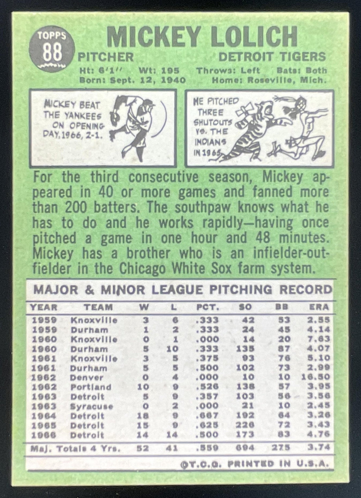1967 Topps #88 Mickey Lolich product image 2, provided for visual reference and product detail review