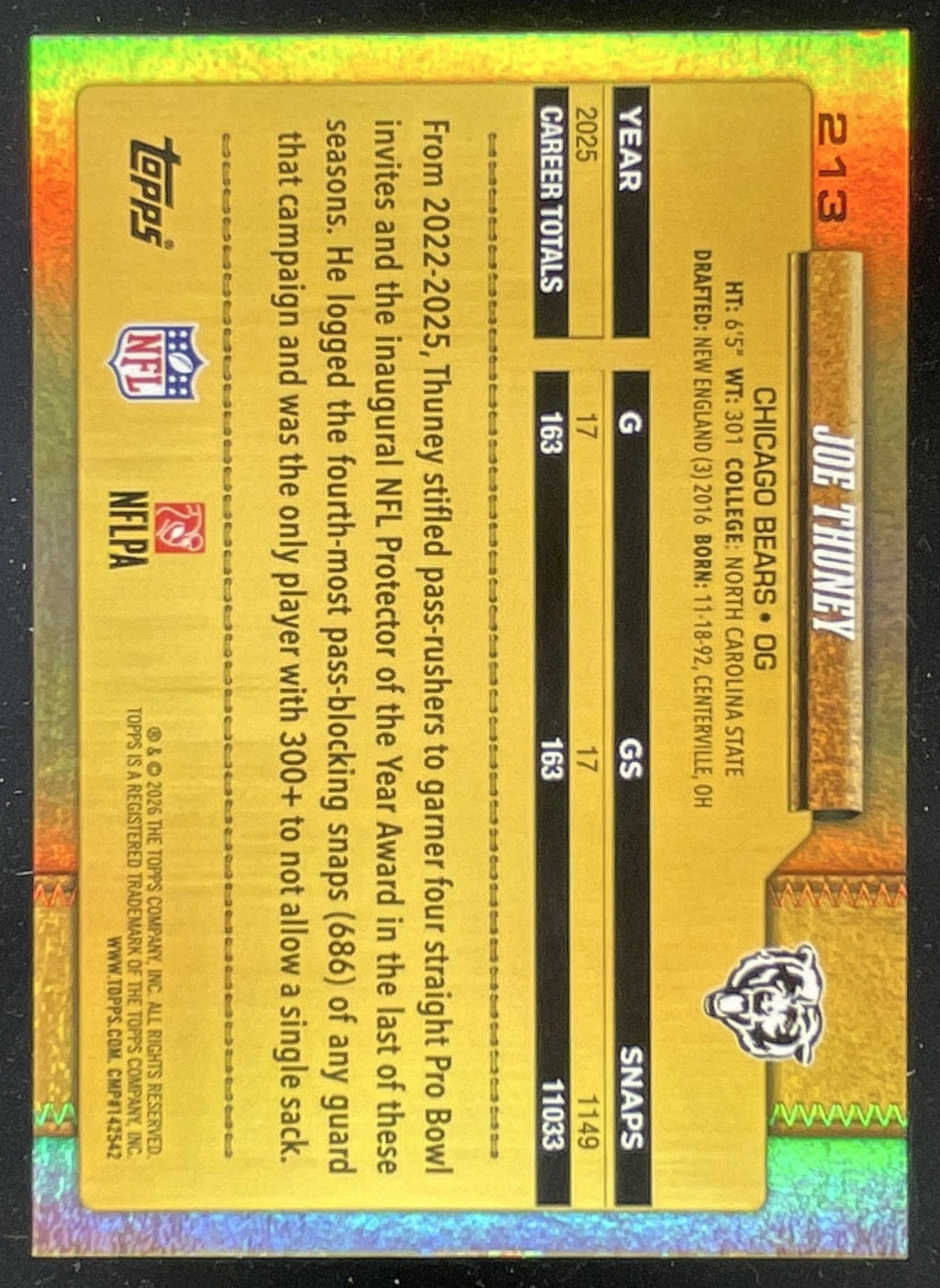 2026 Topps Golden Mirror Image Variation #213 Joe Thuney SP product image 2, provided for visual reference and product