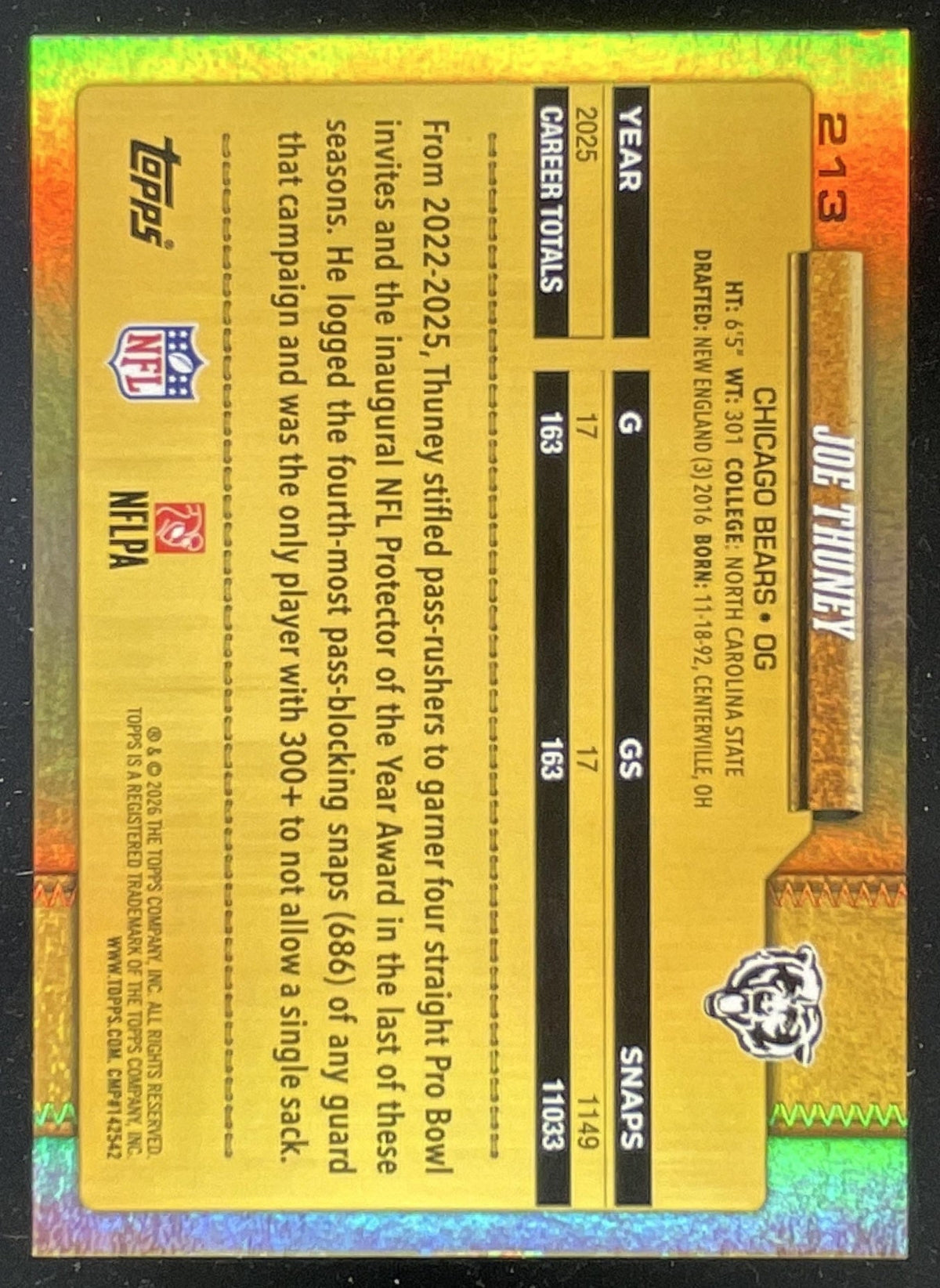 2026 Topps Golden Mirror Image Variation #213 Joe Thuney SP product image 2, provided for visual reference and product