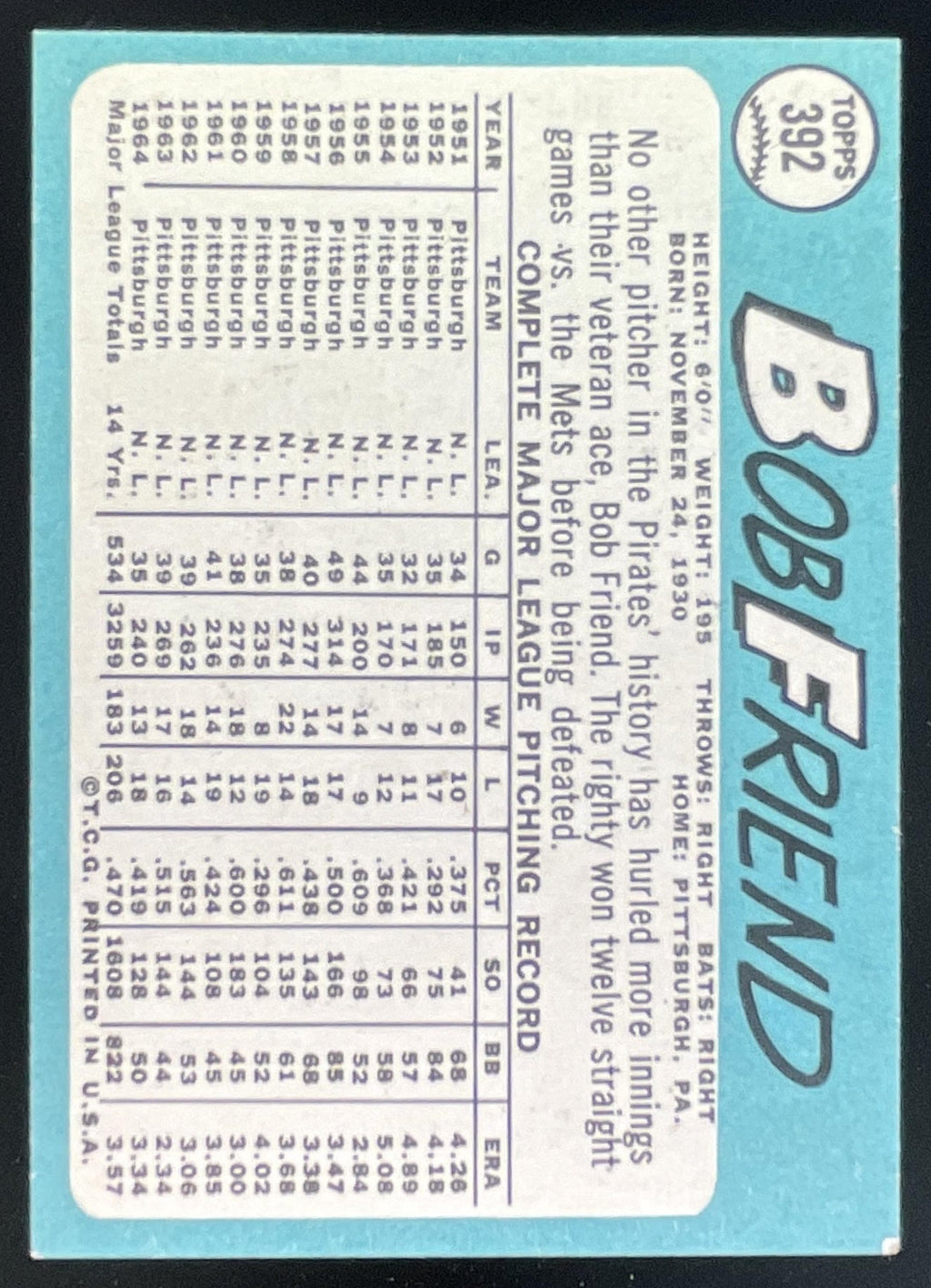 1965 Topps #392 Bob Friend product image 2, provided for visual reference and product detail review