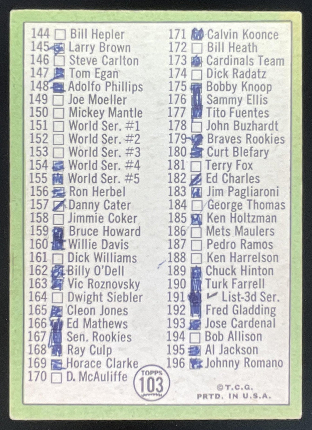 1967 Topps #103 2nd Series Checklist: 110-196 Mickey Mantle CL product image 2, provided for visual reference and product
