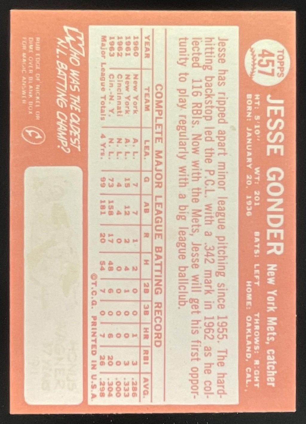 1964 Topps #457 Jesse Gonder product image 2, provided for visual reference and product detail review
