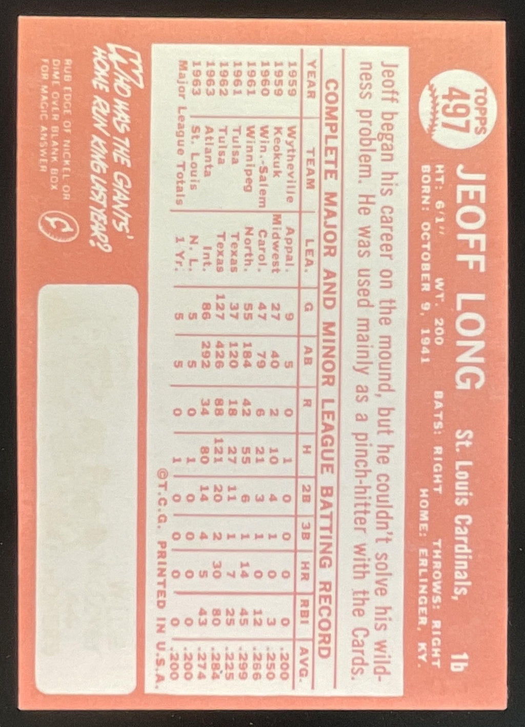 1964 Topps #497 Jeoff Long RC product image 2, provided for visual reference and product detail review