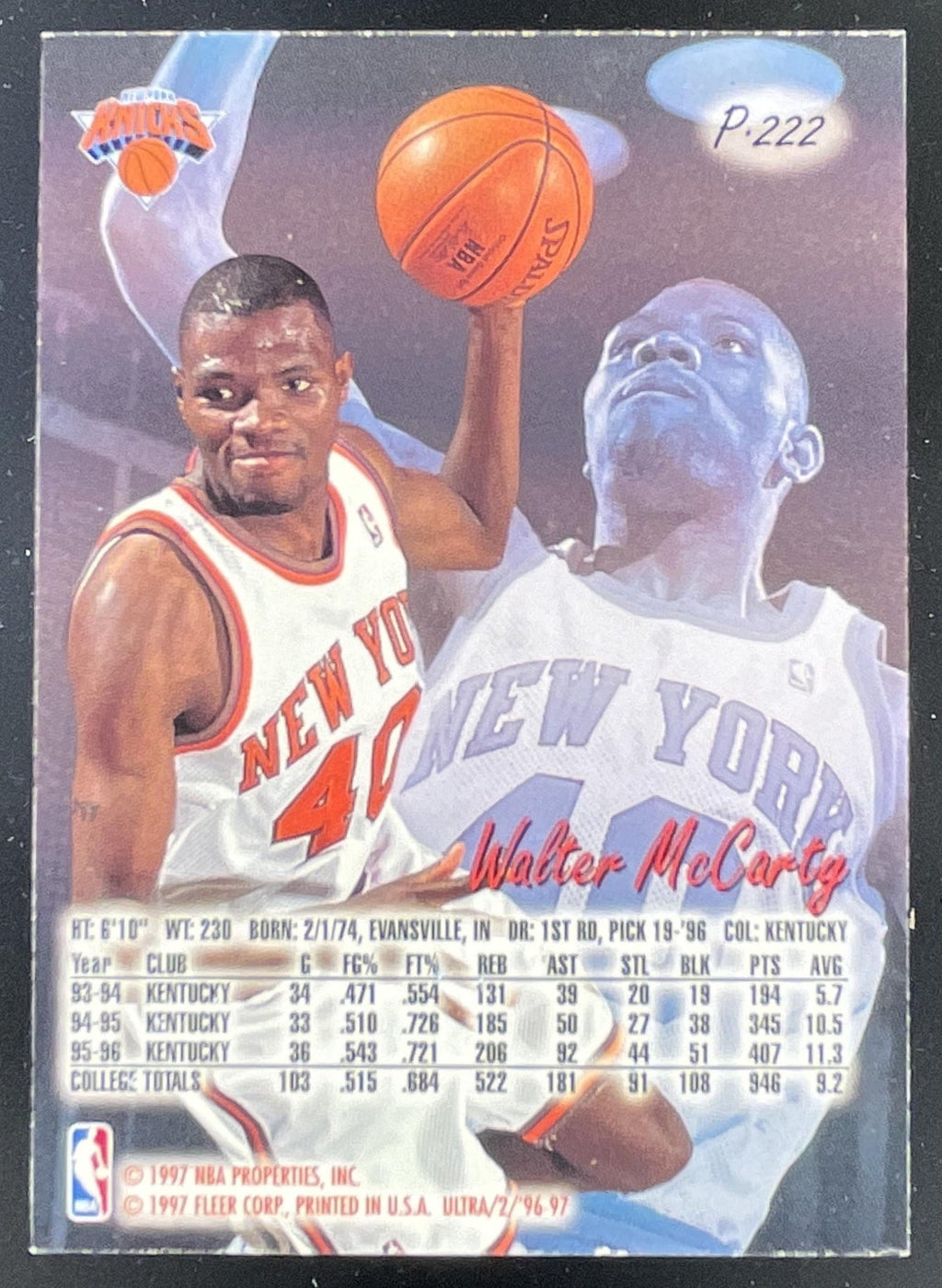 1996-97 Fleer Ultra Platinum Medallion #P-222 Walter McCarty RC product image 2, provided for visual reference and product