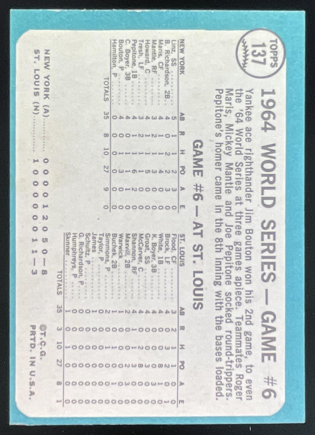 1965 Topps #137 World Series Game #6 - Bouton Wins Again product image 2, provided for visual reference and product detail