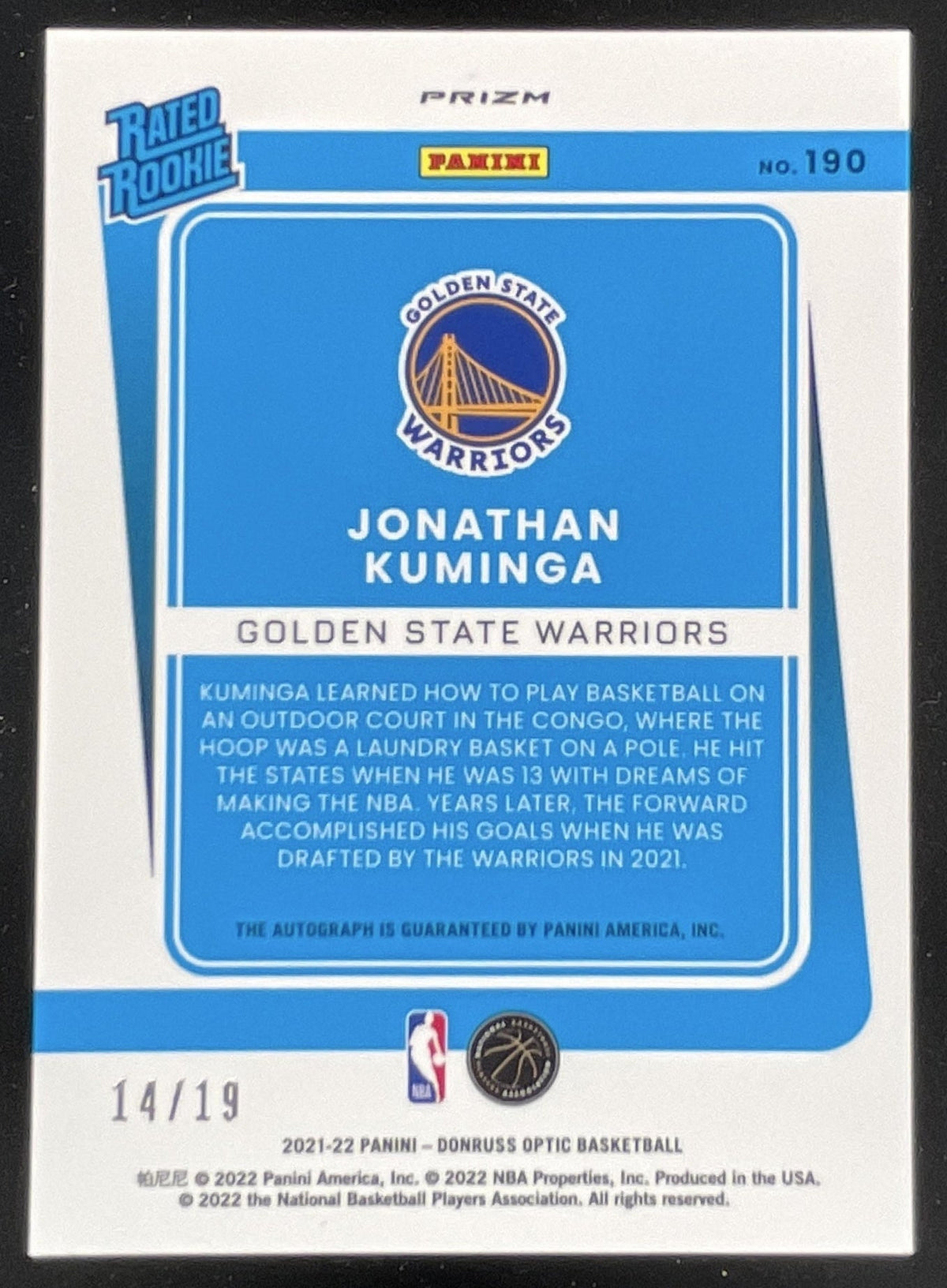 2021 Donruss Optic Rated Rookies Pulsar Prizm #190 Jonathan Kuminga RC Auto /19 product image 2, provided for visual