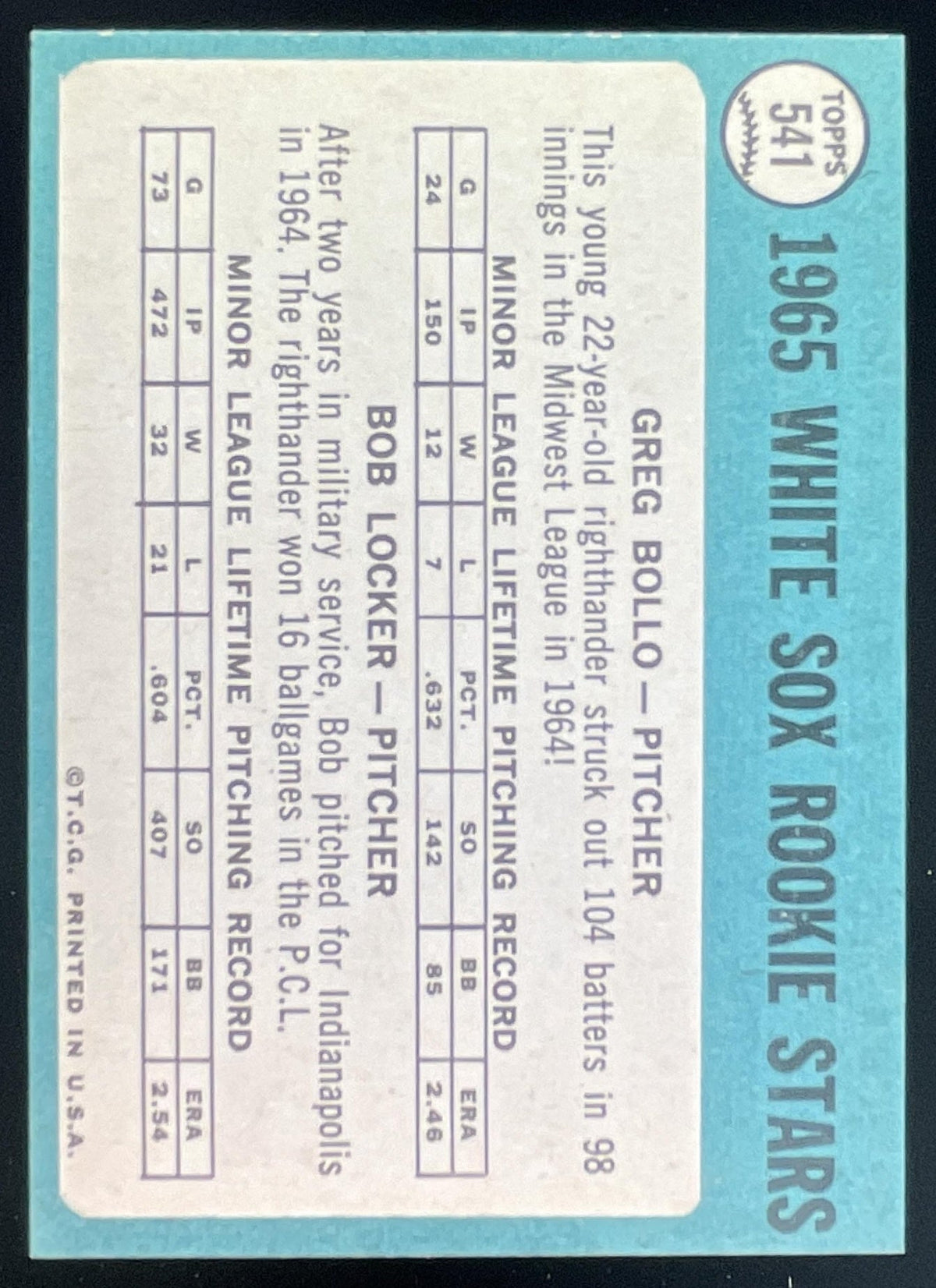 1965 Topps #541 White Sox 1965 Rookie Stars Greg Bollo Bob Locker RS, RC product image 2, provided for visual reference and