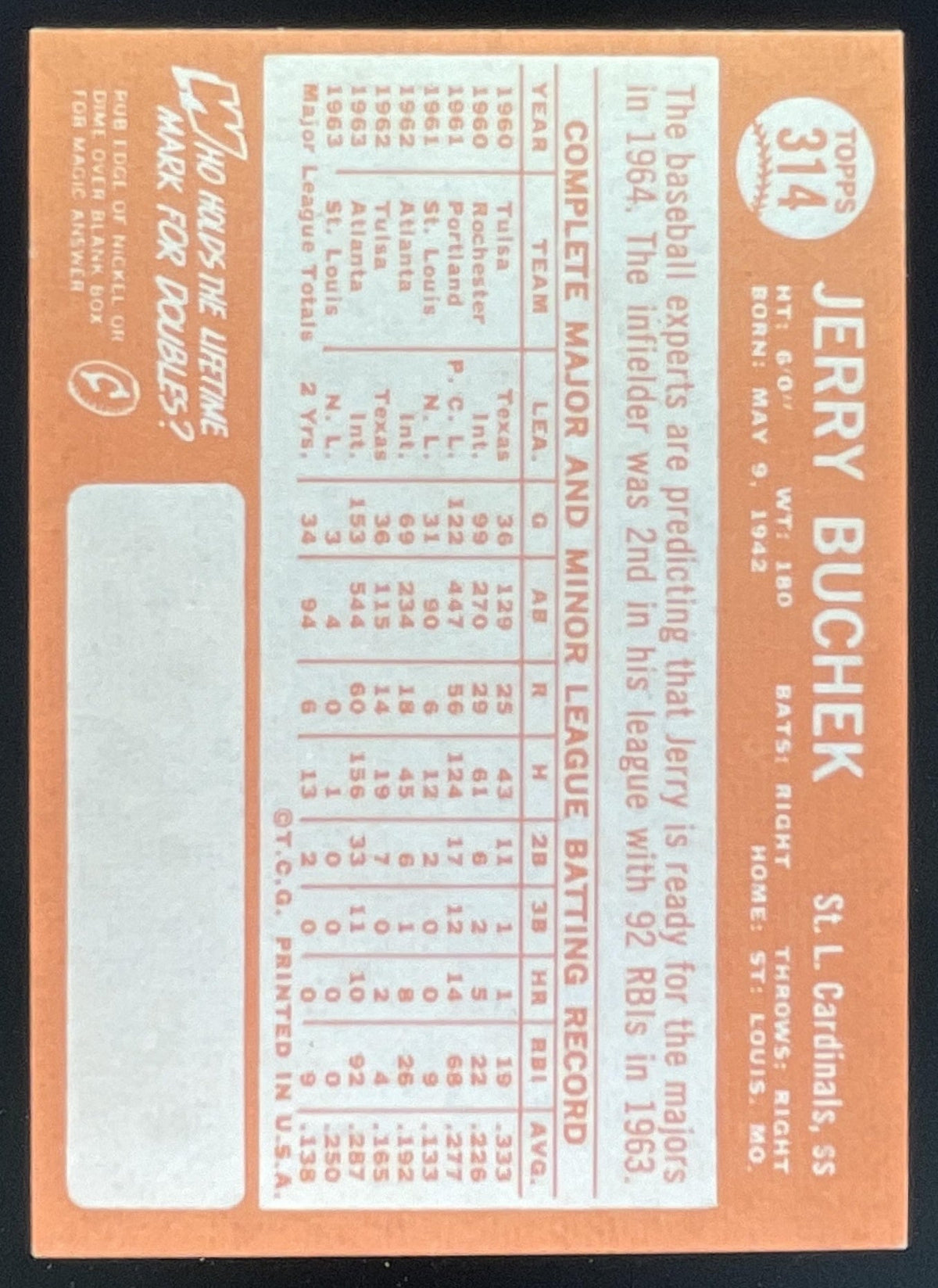 1964 Topps #314 Jerry Buchek product image 2, provided for visual reference and product detail review