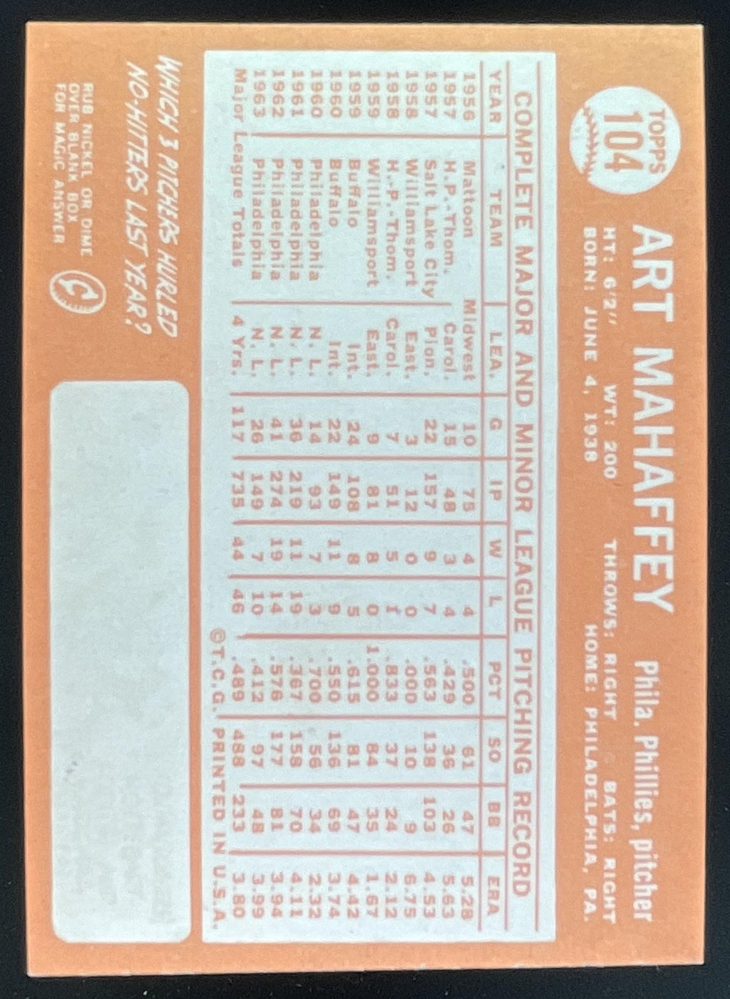 1964 Topps #104 Art Mahaffey product image 2, provided for visual reference and product detail review