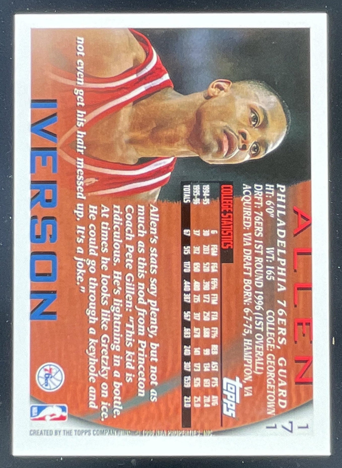 1996-97 Topps #171 Allen Iverson RC product image 2, provided for visual reference and product detail review