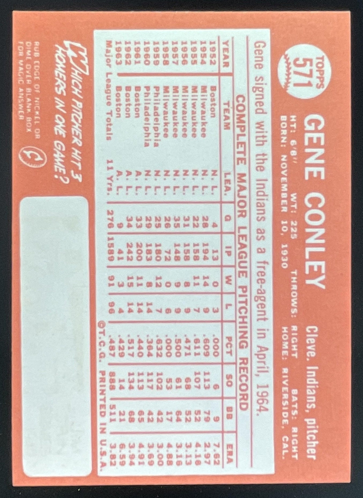 1964 Topps #571 Gene Conley product image 2, provided for visual reference and product detail review