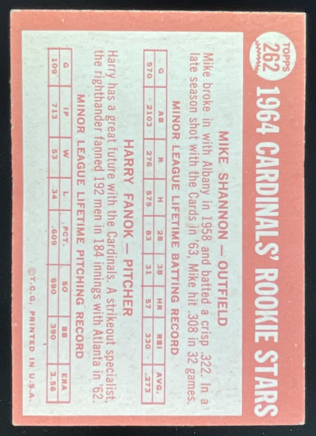 1964 Topps #262 Cardinals 1964 Rookie Stars Mike Shannon Harry Fanok RC product image 2, provided for visual reference and