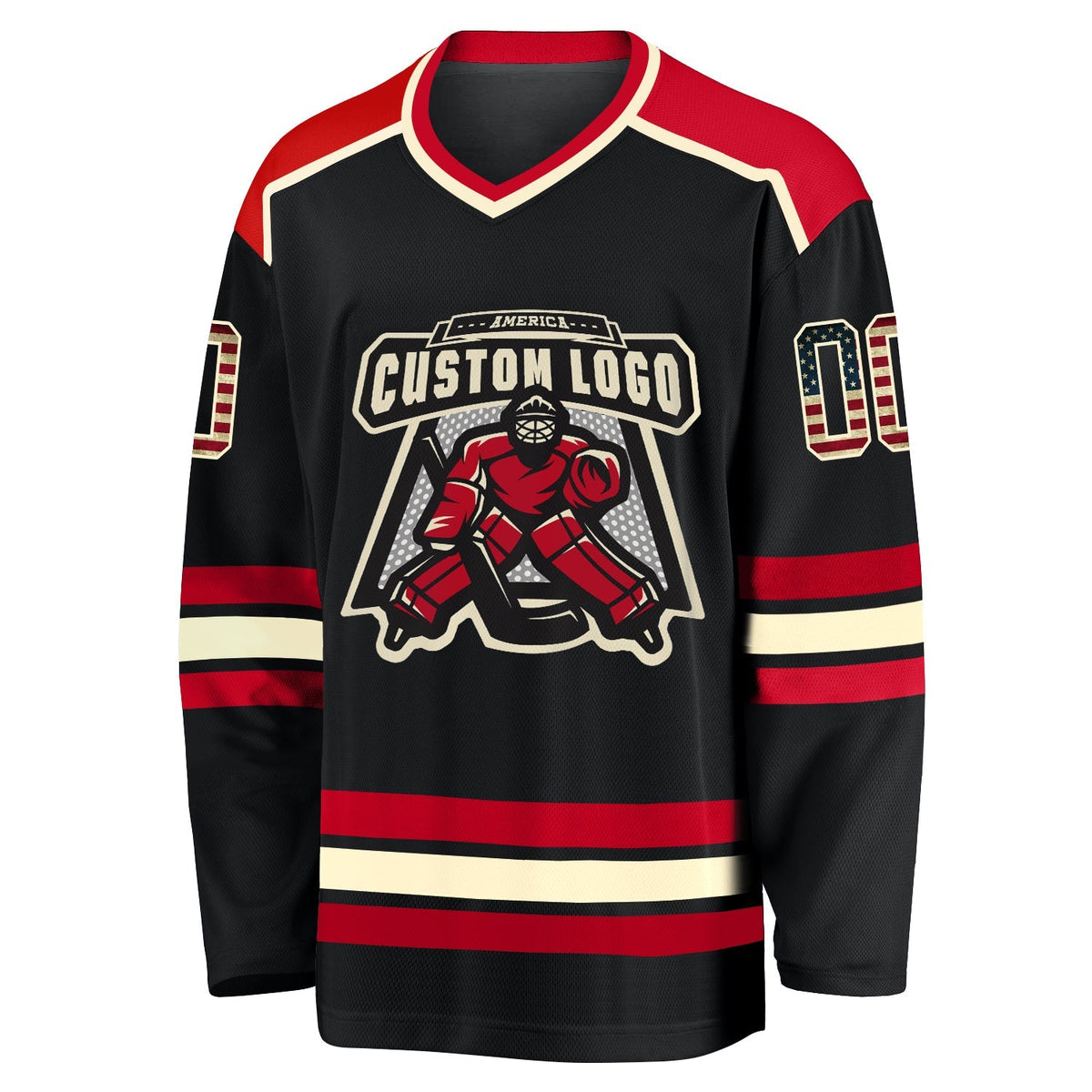 Custom Hockey Jersey - Black Vintage USA Flag Cream-Red product image 2