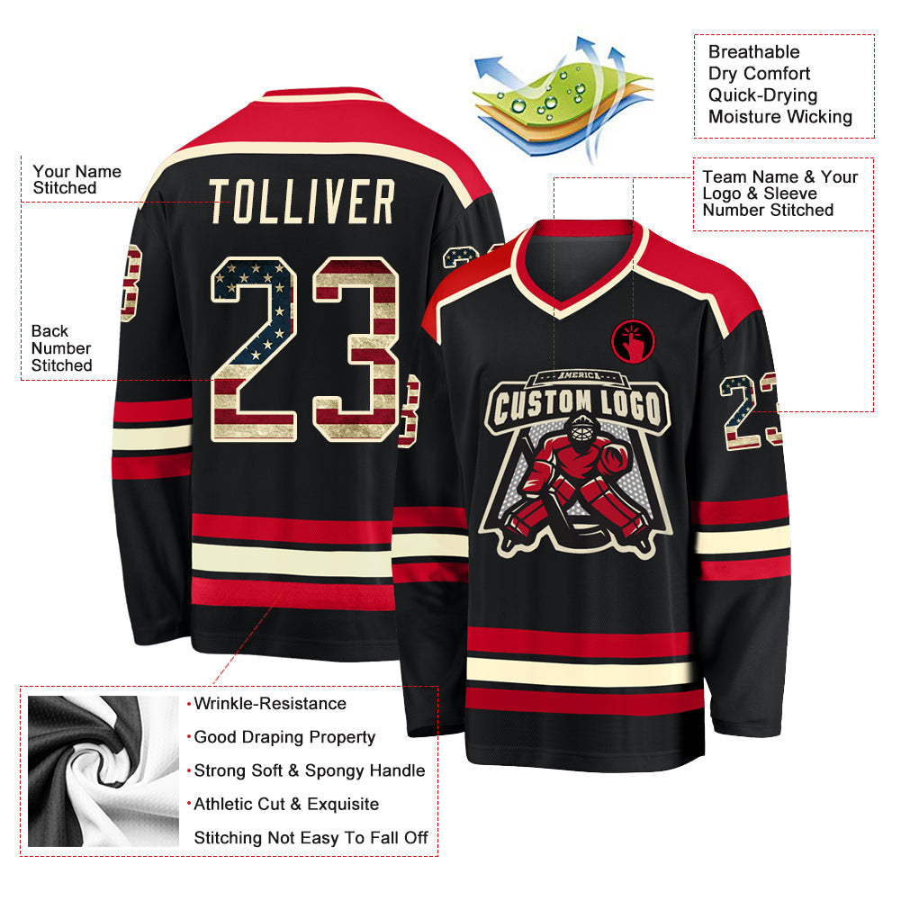 Custom Hockey Jersey - Black Vintage USA Flag Cream-Red product image 3