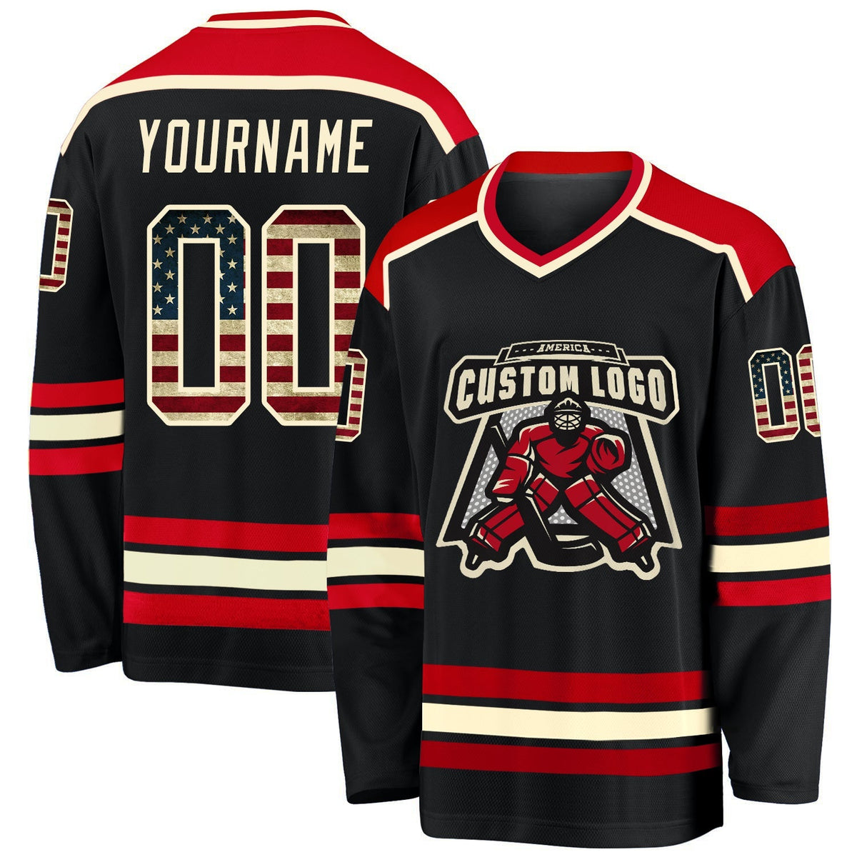 Custom Hockey Jersey - Black Vintage USA Flag Cream-Red product image 1