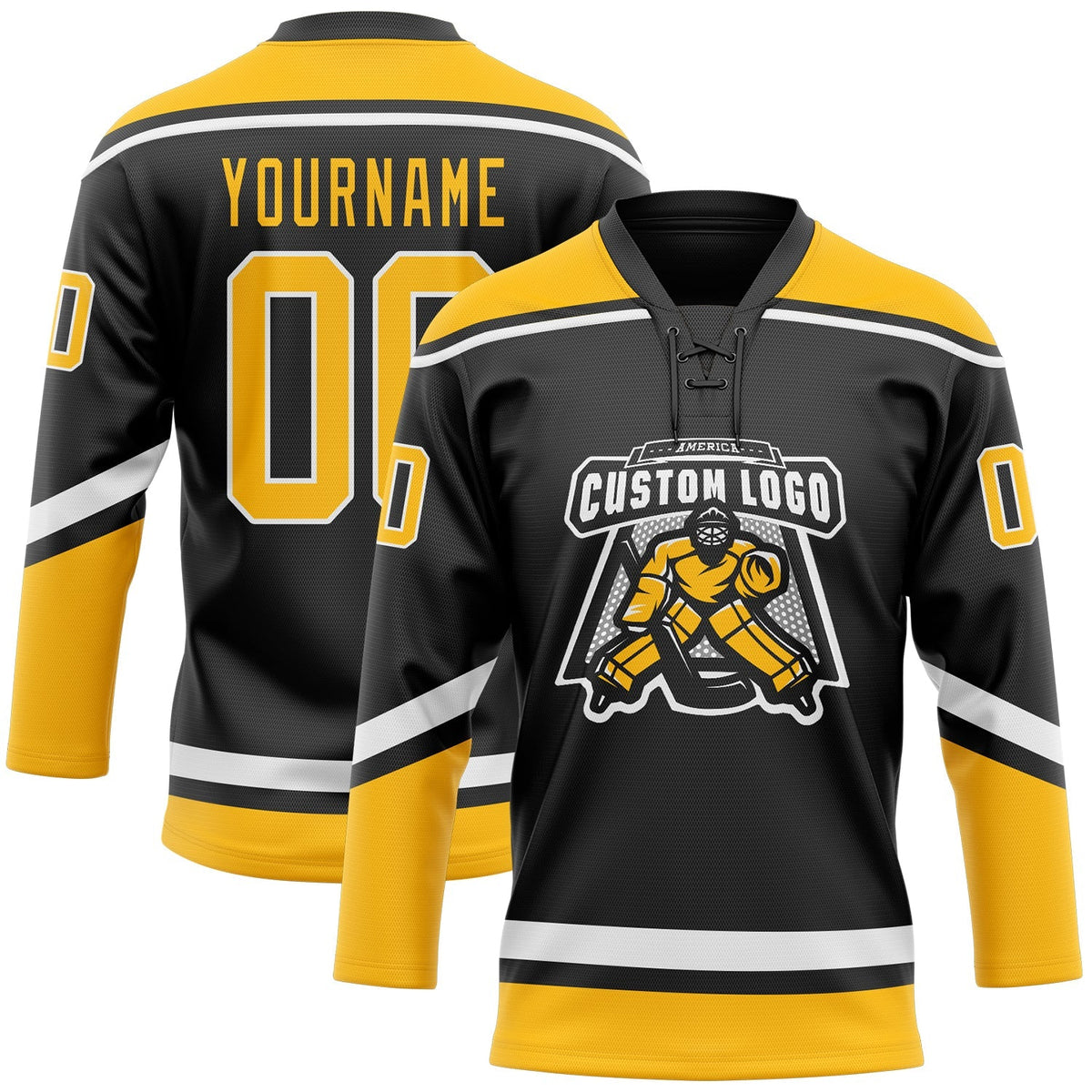 Custom Hockey Jersey - Black Gold-White Lace Neck product image 2
