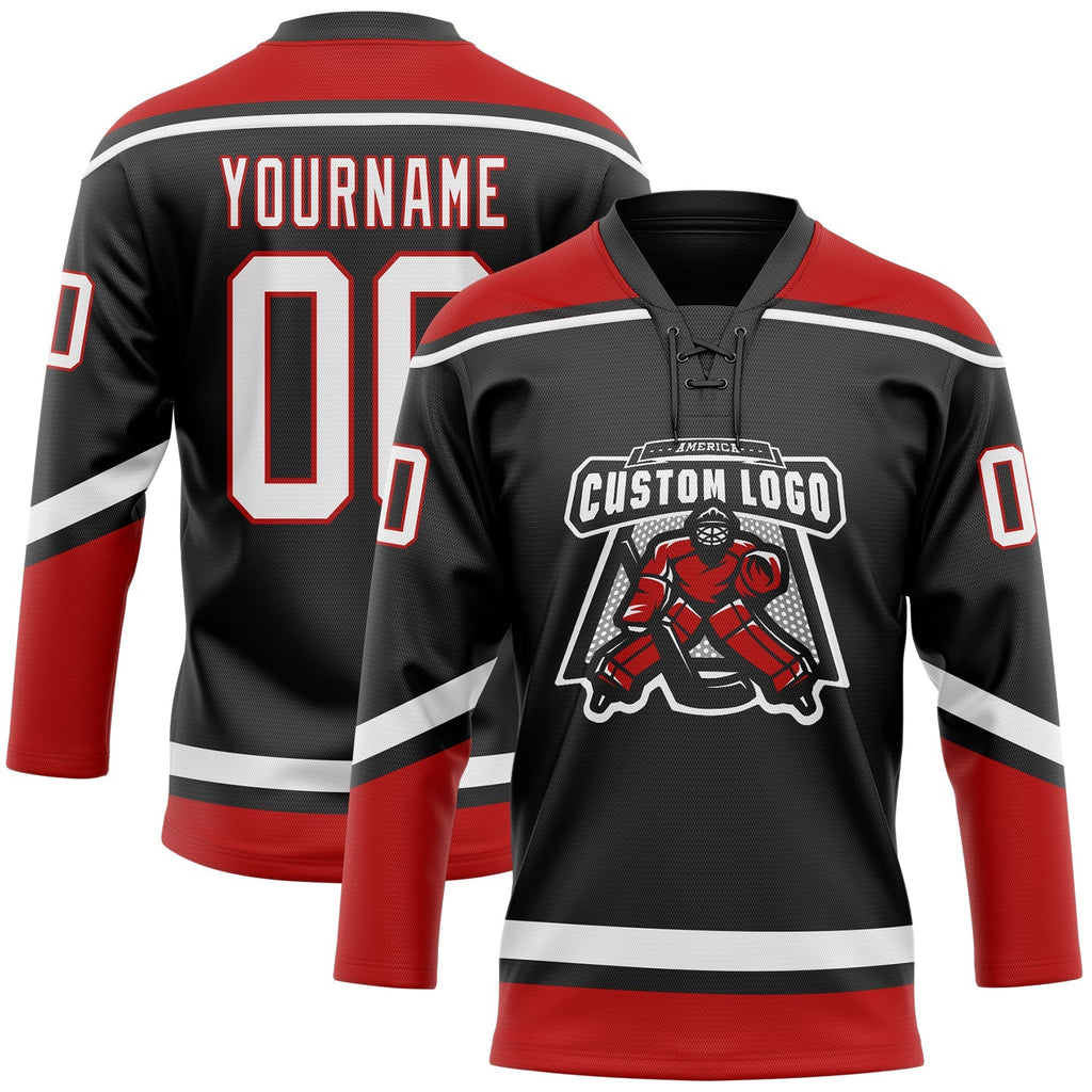 Custom Hockey Jersey - Black White-Red Lace Neck product image 2