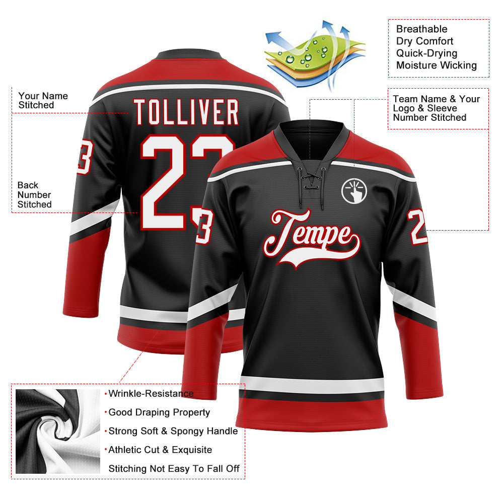 Custom Hockey Jersey - Black White-Red Lace Neck product image 3