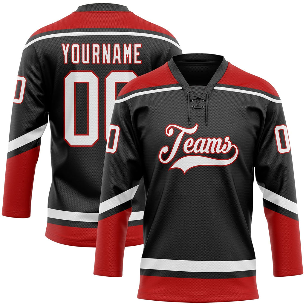 Custom Hockey Jersey - Black White-Red Lace Neck product image 1