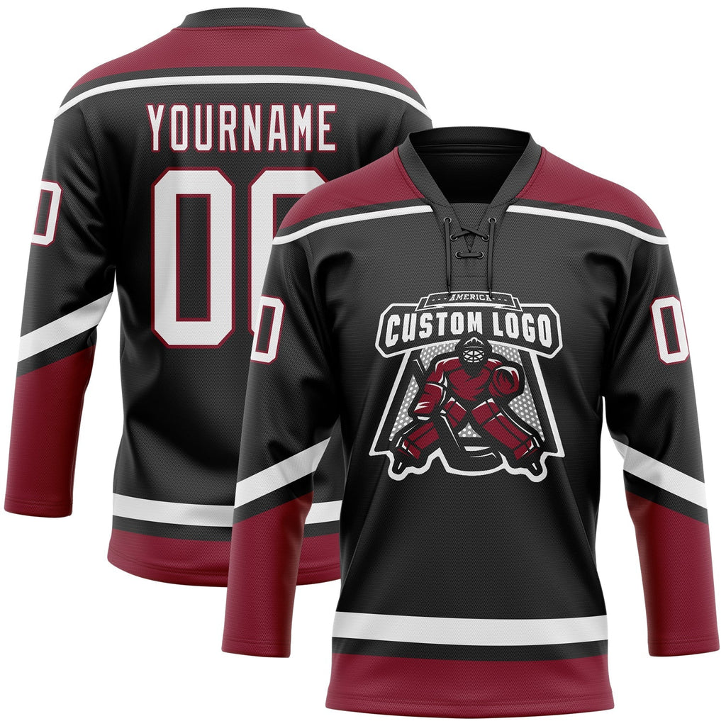 Custom Hockey Jersey - Black White-Crimson Lace Neck product image 2