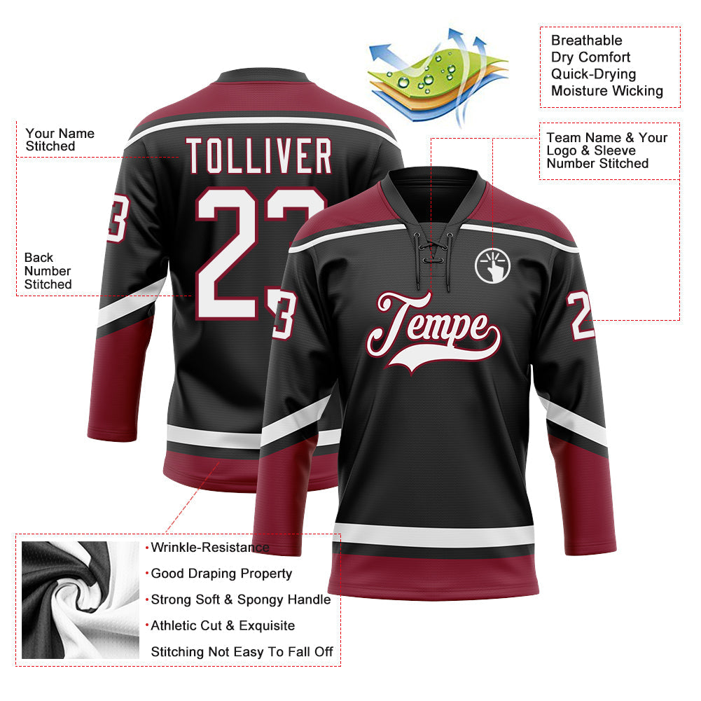 Custom Hockey Jersey - Black White-Crimson Lace Neck product image 3