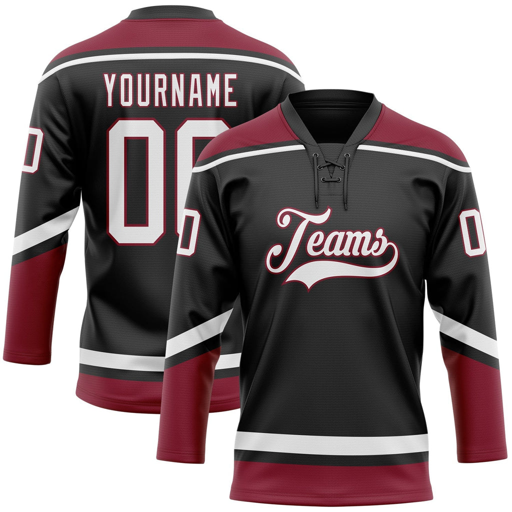 Custom Hockey Jersey - Black White-Crimson Lace Neck product image 1