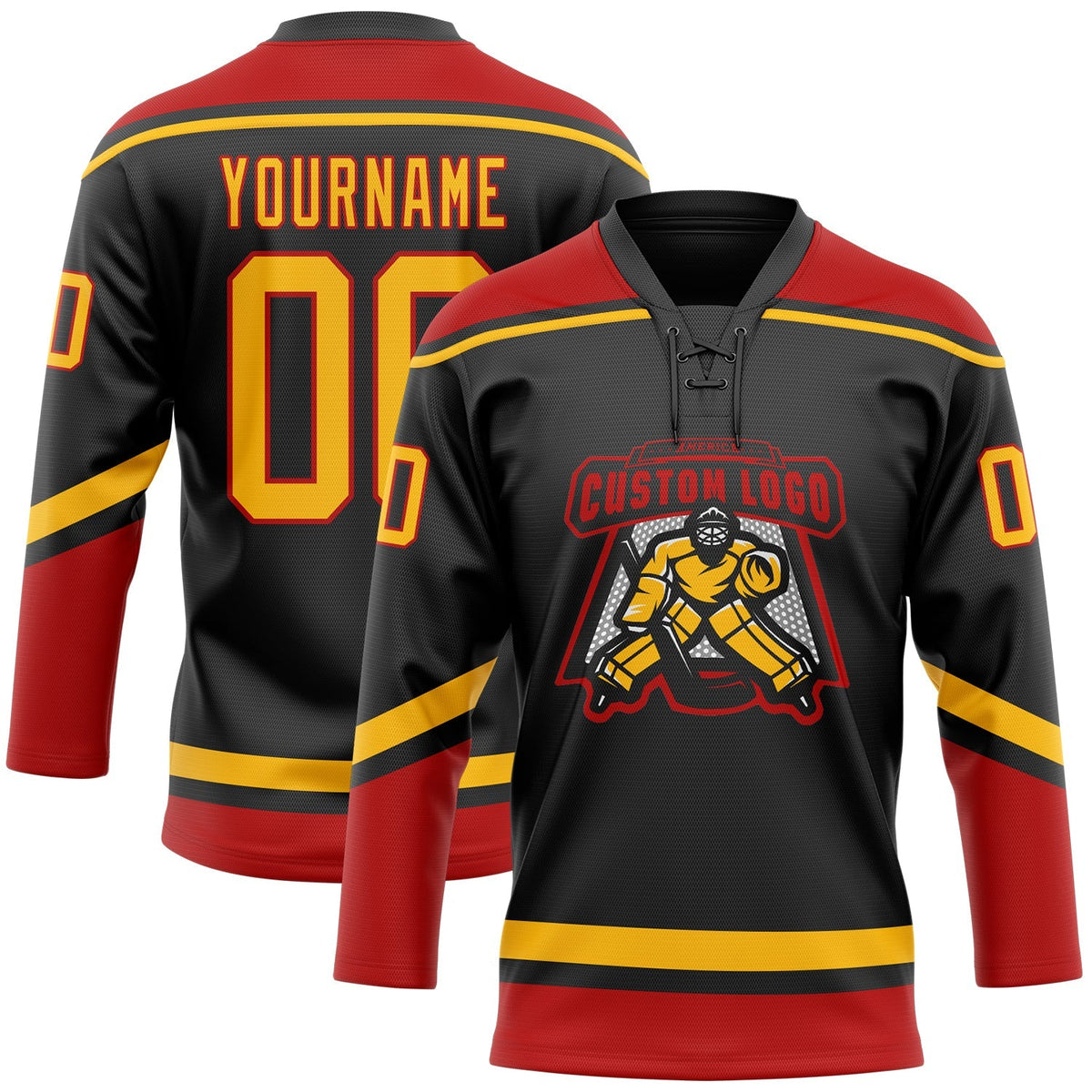 Custom Hockey Jersey - Black Gold-Red Lace Neck product image 2