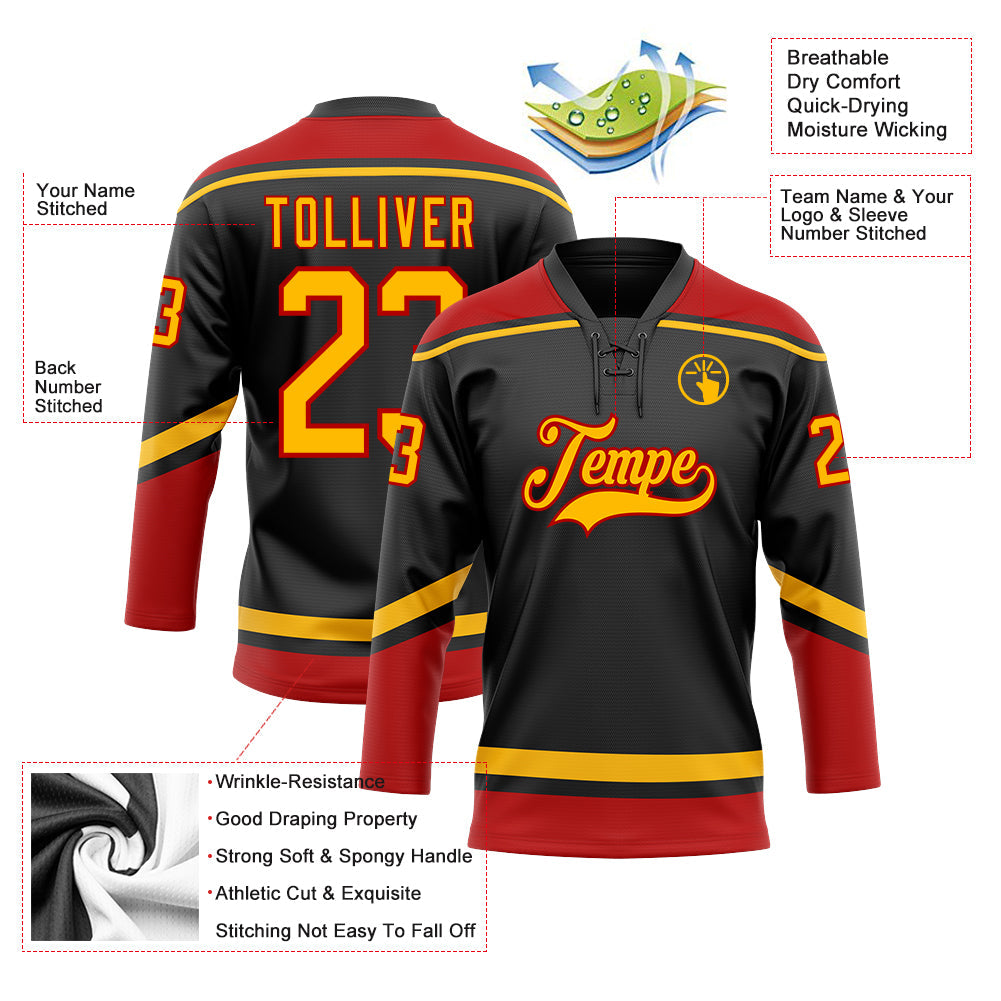 Custom Hockey Jersey - Black Gold-Red Lace Neck product image 3