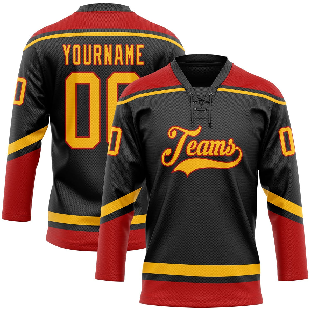 Custom Hockey Jersey - Black Gold-Red Lace Neck product image 1