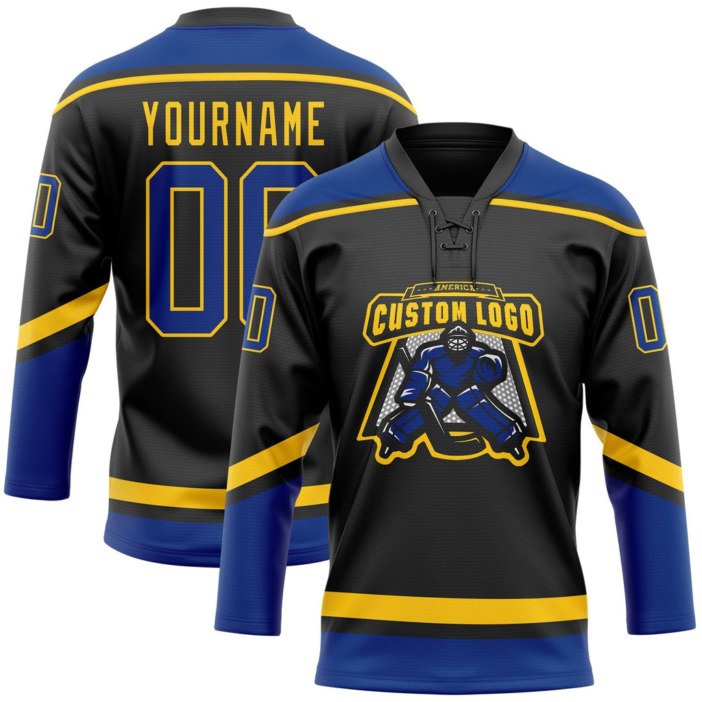 Custom Hockey Jersey - Black Royal-Yellow Lace Neck product image 2