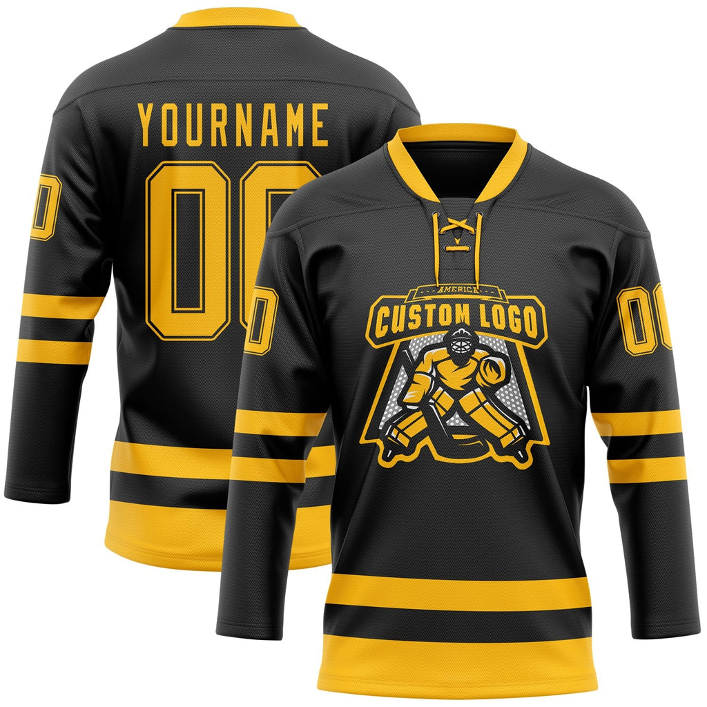 Custom Hockey Jersey - Black Gold Lace Neck product image 2