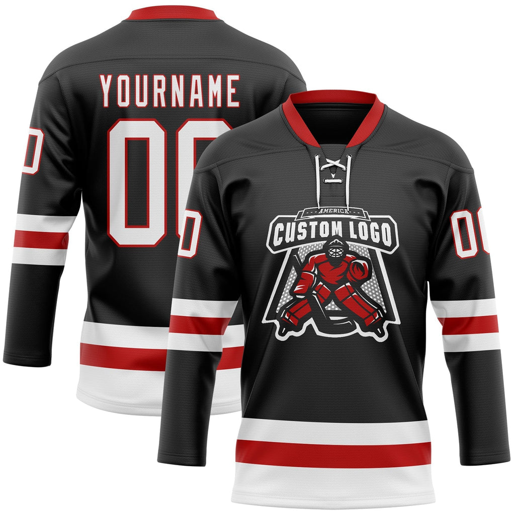 Custom Hockey Jersey - Black White-Red Lace Neck product image 2