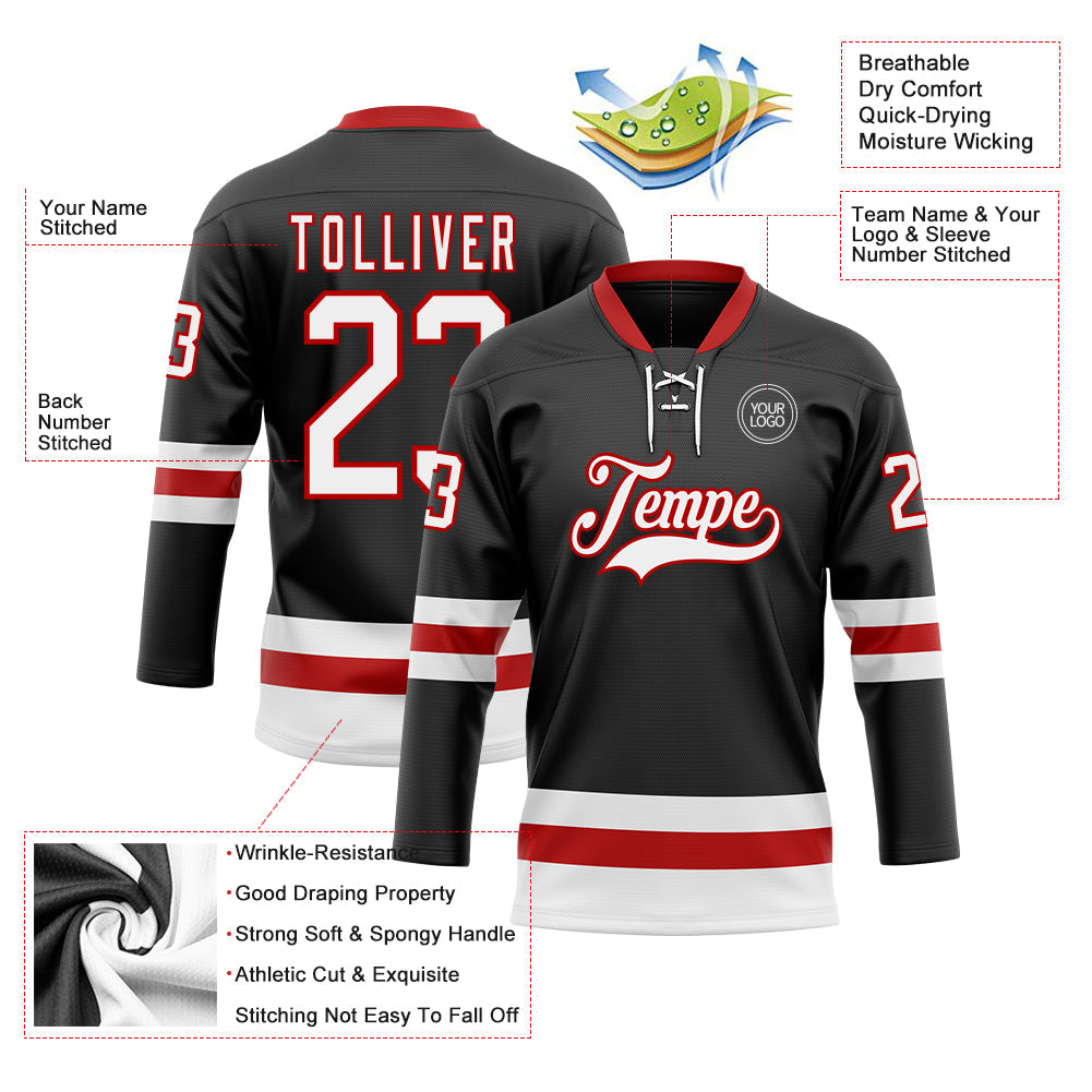 Custom Hockey Jersey - Black White-Red Lace Neck product image 3