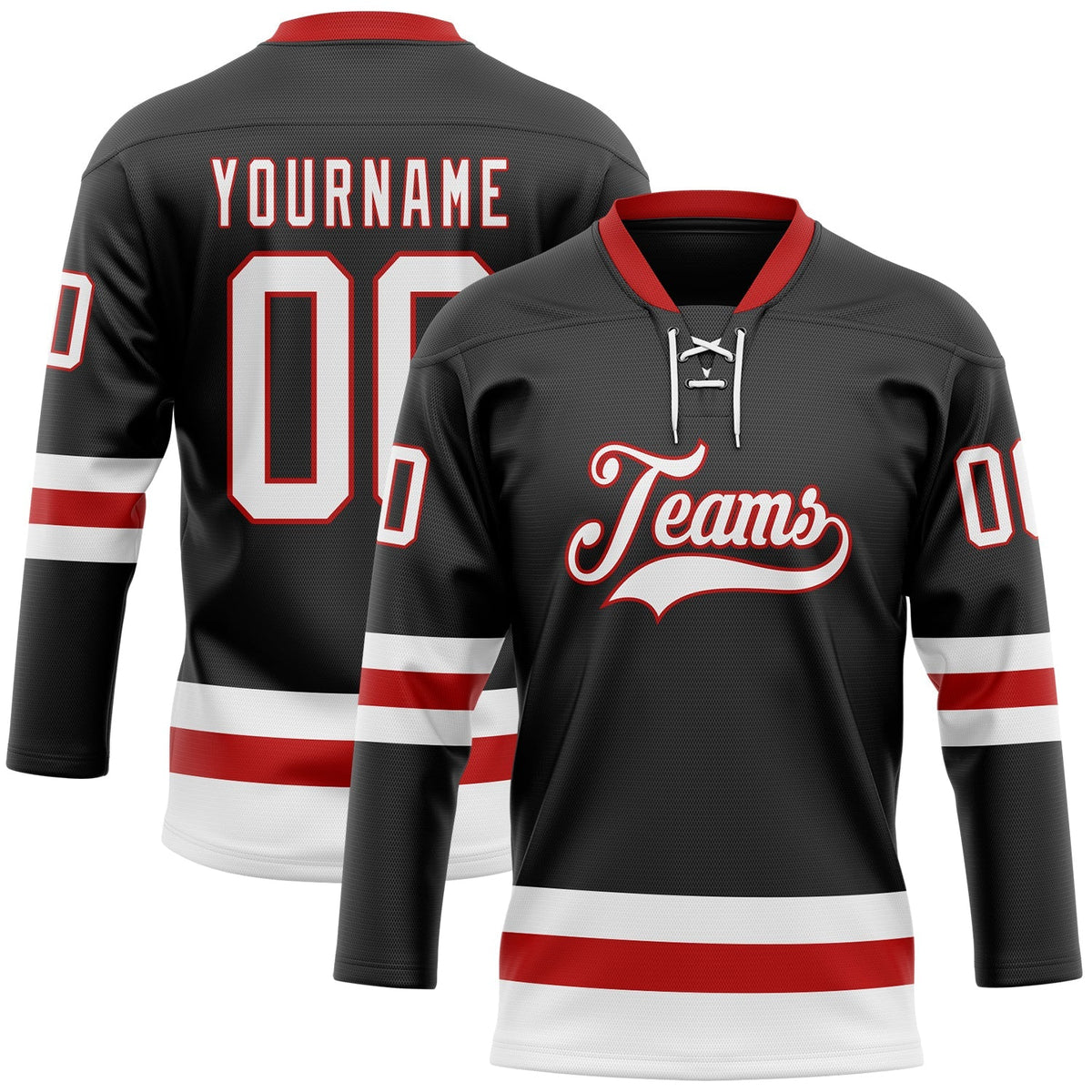 Custom Hockey Jersey - Black White-Red Lace Neck product image 1