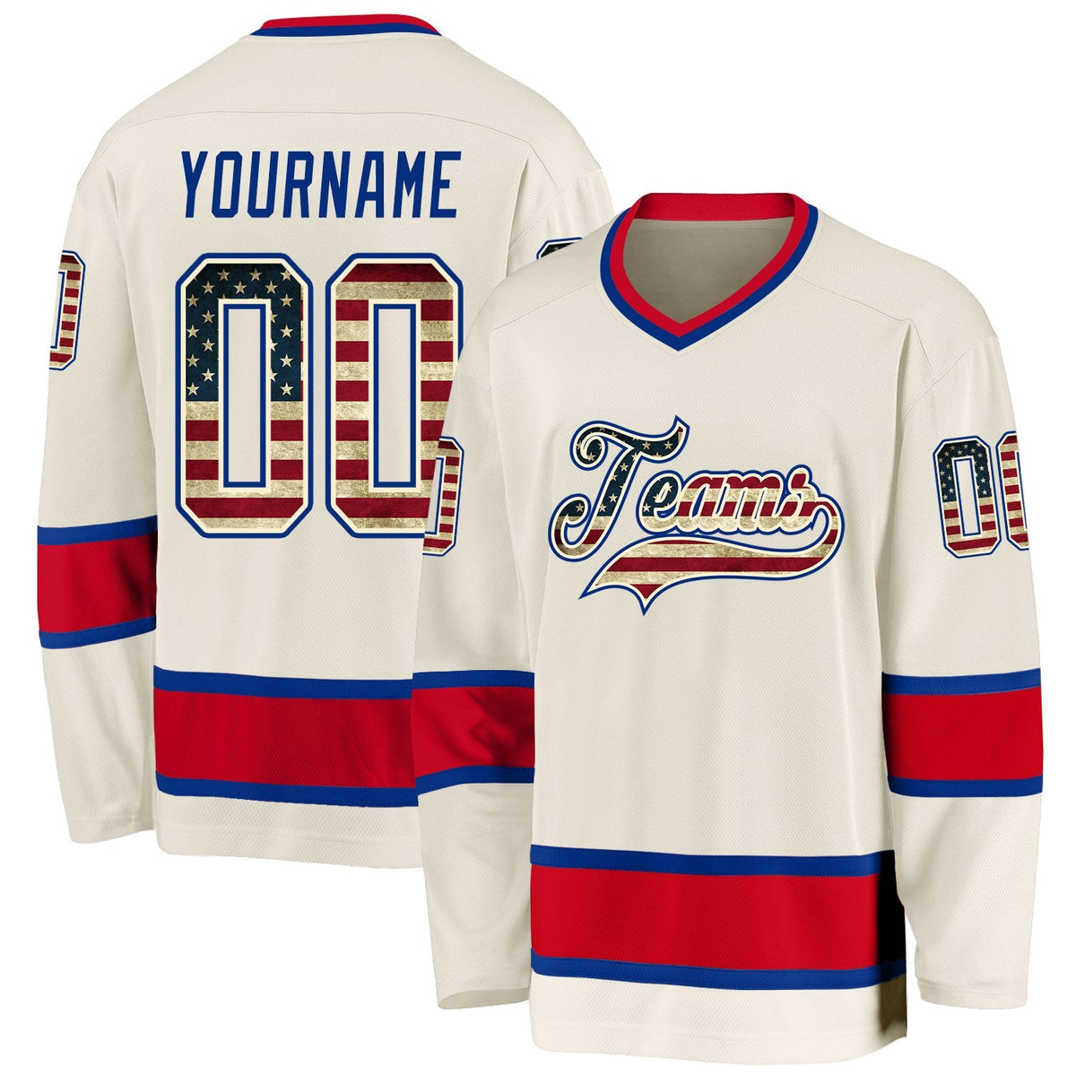 Custom Hockey Jersey - Cream Vintage USA Flag Royal-Red product image 1