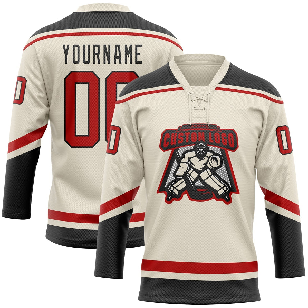 Custom Hockey Jersey - Cream Red-Black Lace Neck product image 2