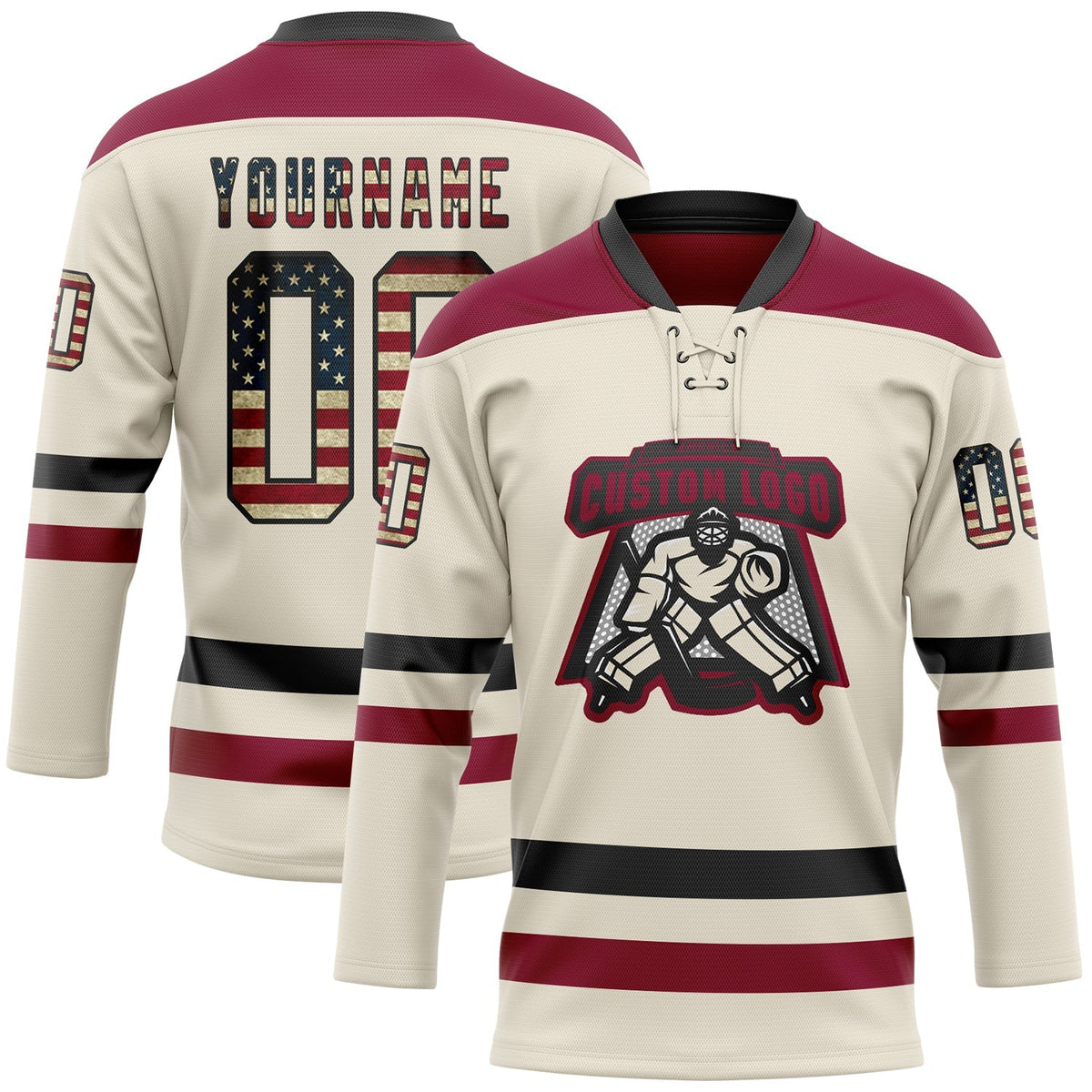 Custom Hockey Jersey - Cream Vintage USA Flag Black-Maroon product image 2
