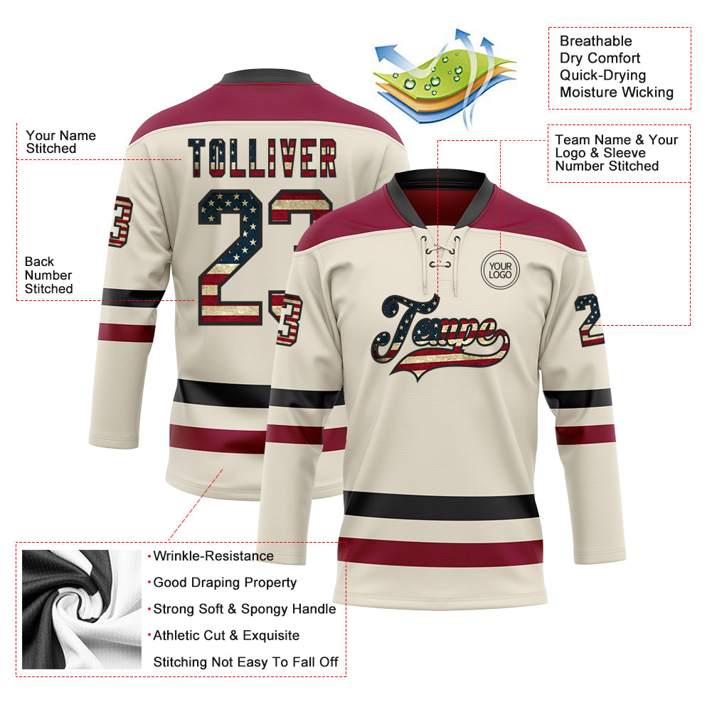 Custom Hockey Jersey - Cream Vintage USA Flag Black-Maroon product image 3