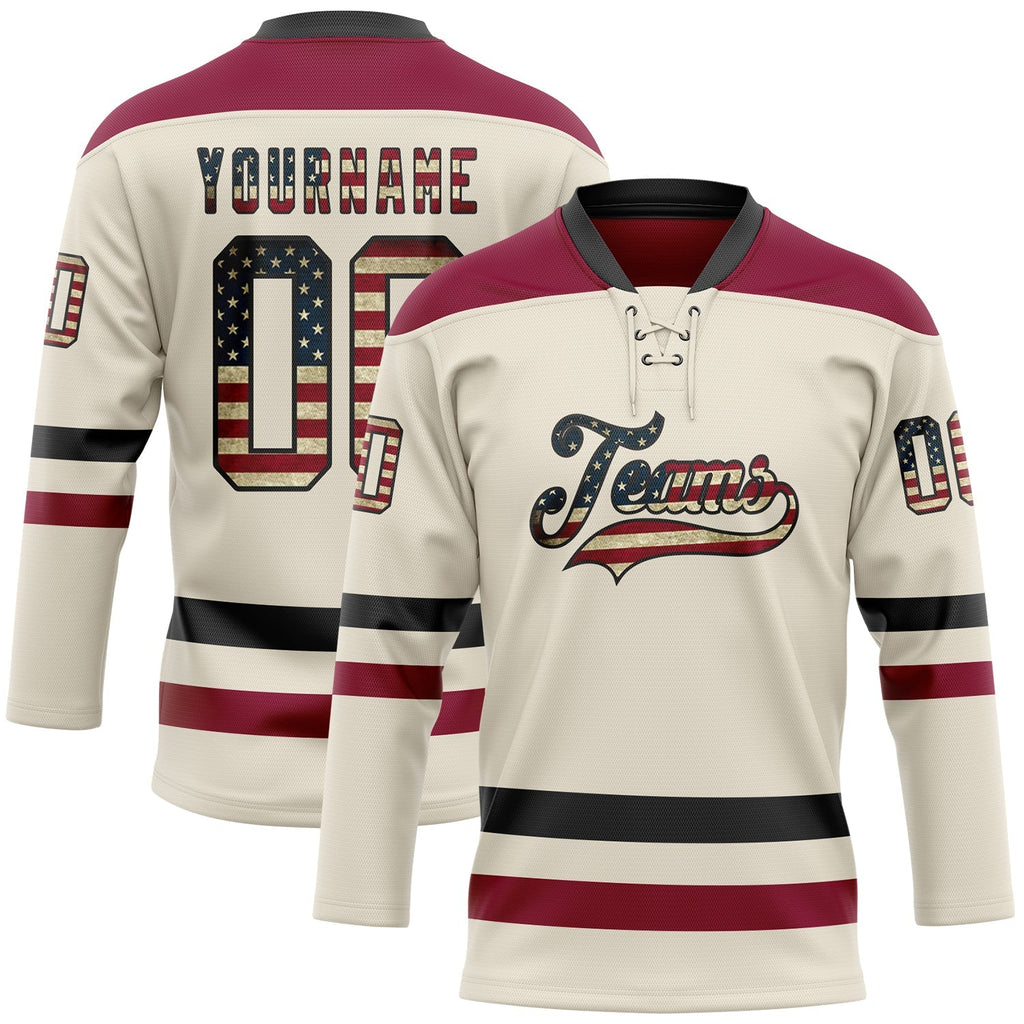Custom Hockey Jersey - Cream Vintage USA Flag Black-Maroon product image 1