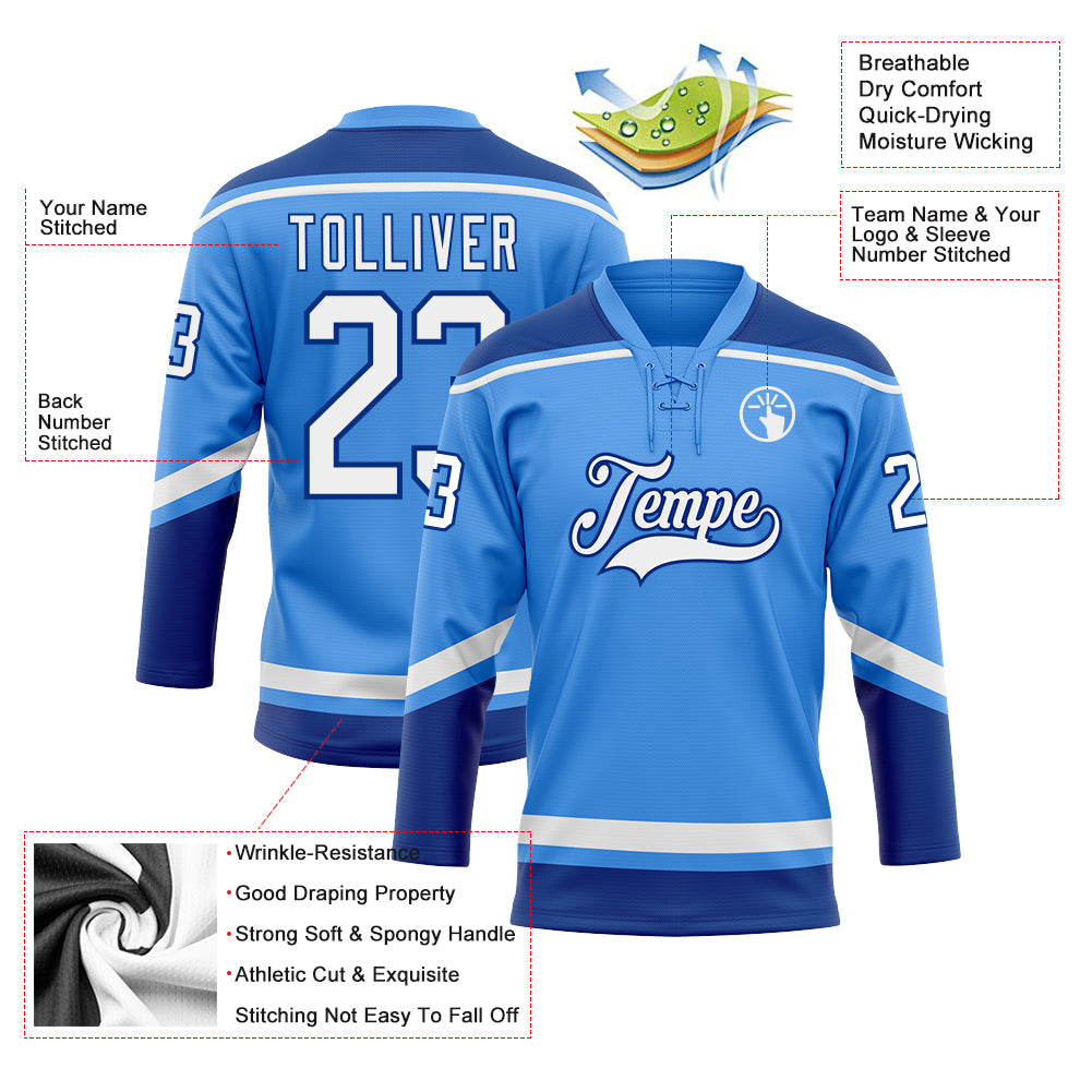 Custom Hockey Jersey - Powder Blue White-Royal Lace Neck product image 3
