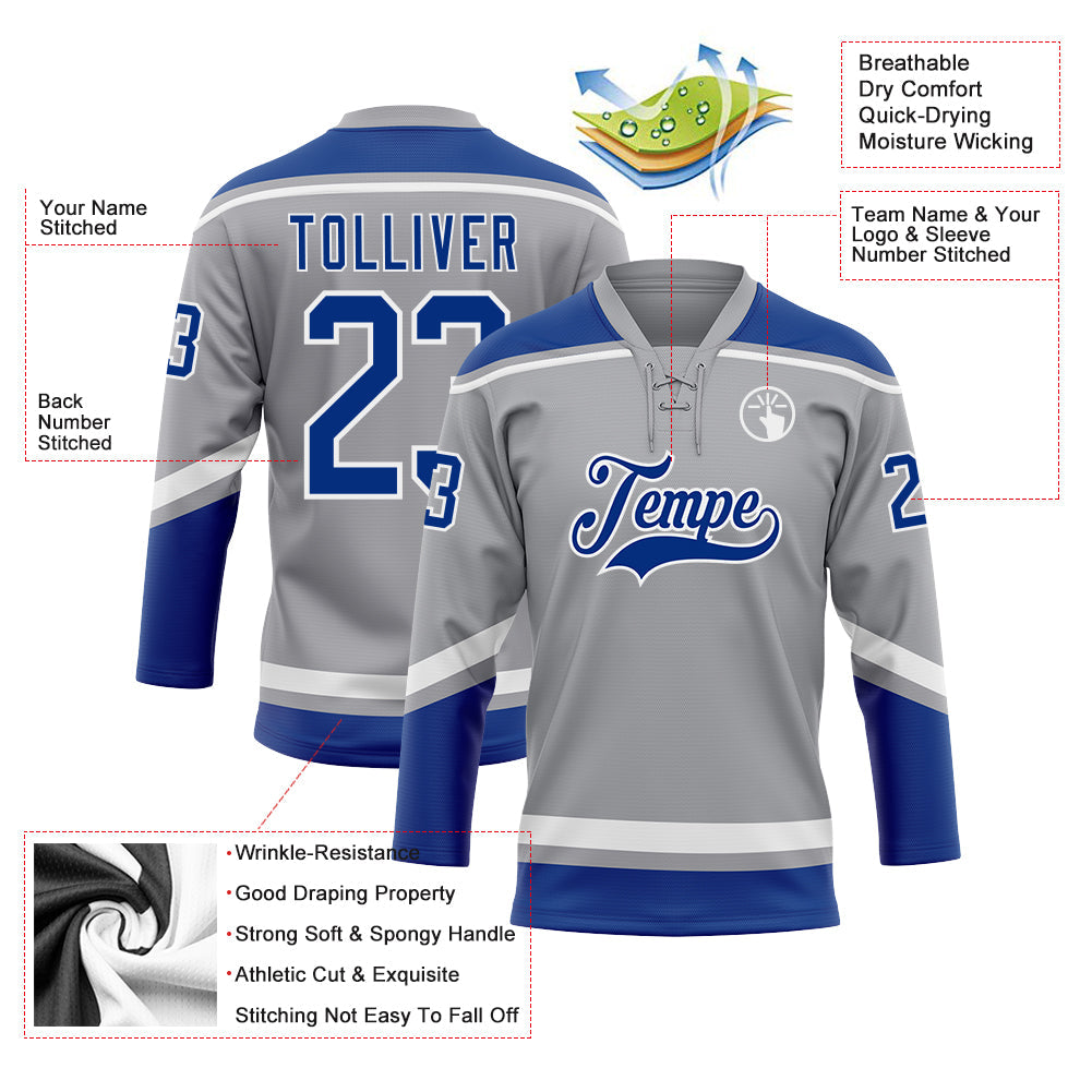 Custom Hockey Jersey - Gray Royal-White Lace Neck product image 3