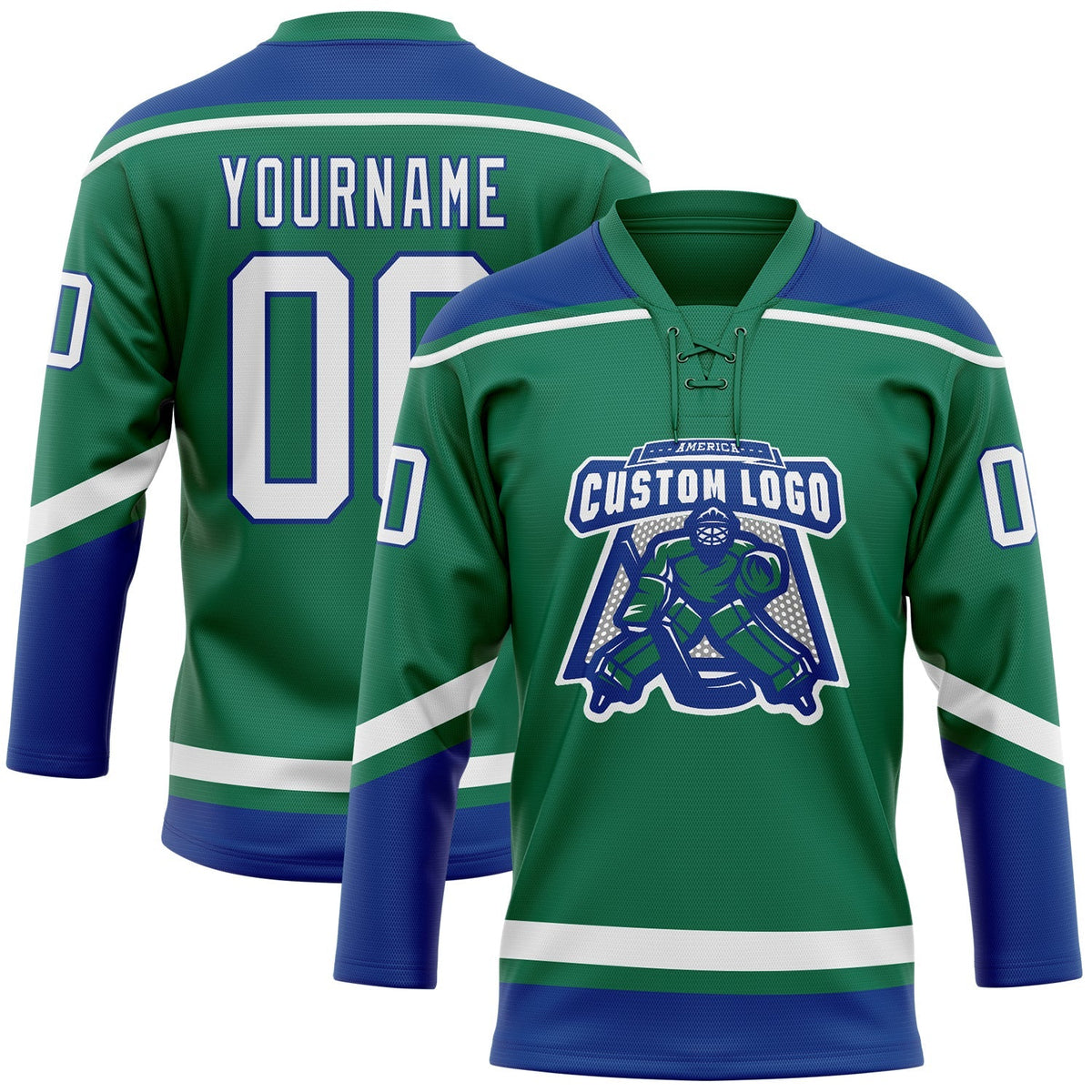 Custom Hockey Jersey - Kelly Green White-Royal Lace Neck product image 2
